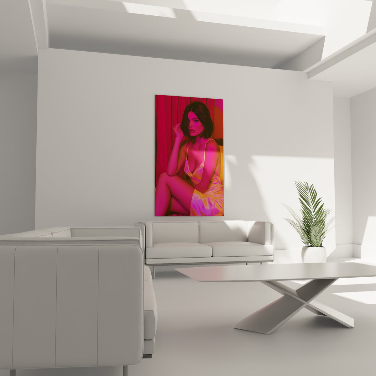 Regard captivant sous une lumière rose et orangé vif, suspendu au-dessus d'un canapé dans un salon lumineux