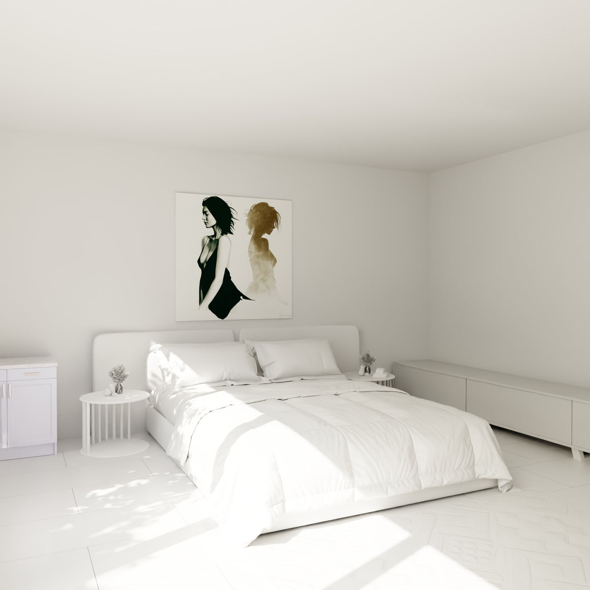Silhouette anthracite et ocre en double portrait accrochée au-dessus d'un lit dans une chambre claire