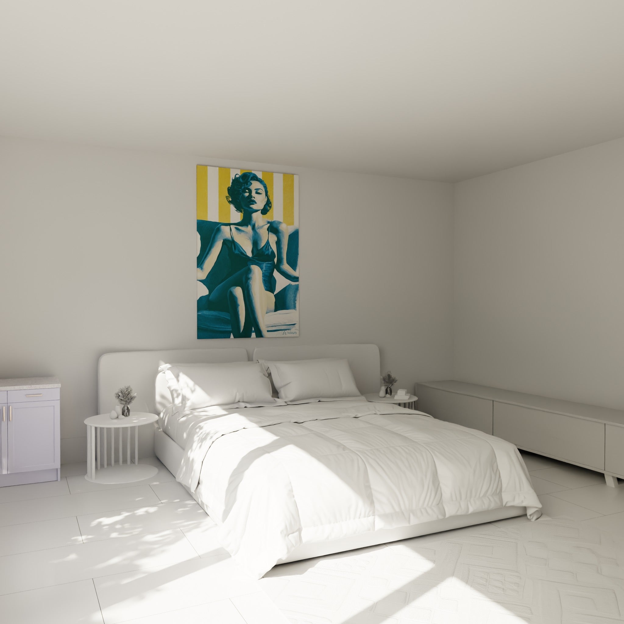 Silhouette alanguie en bleu marine et jaune ocre, tableau accroché au-dessus d'un lit dans une chambre claire