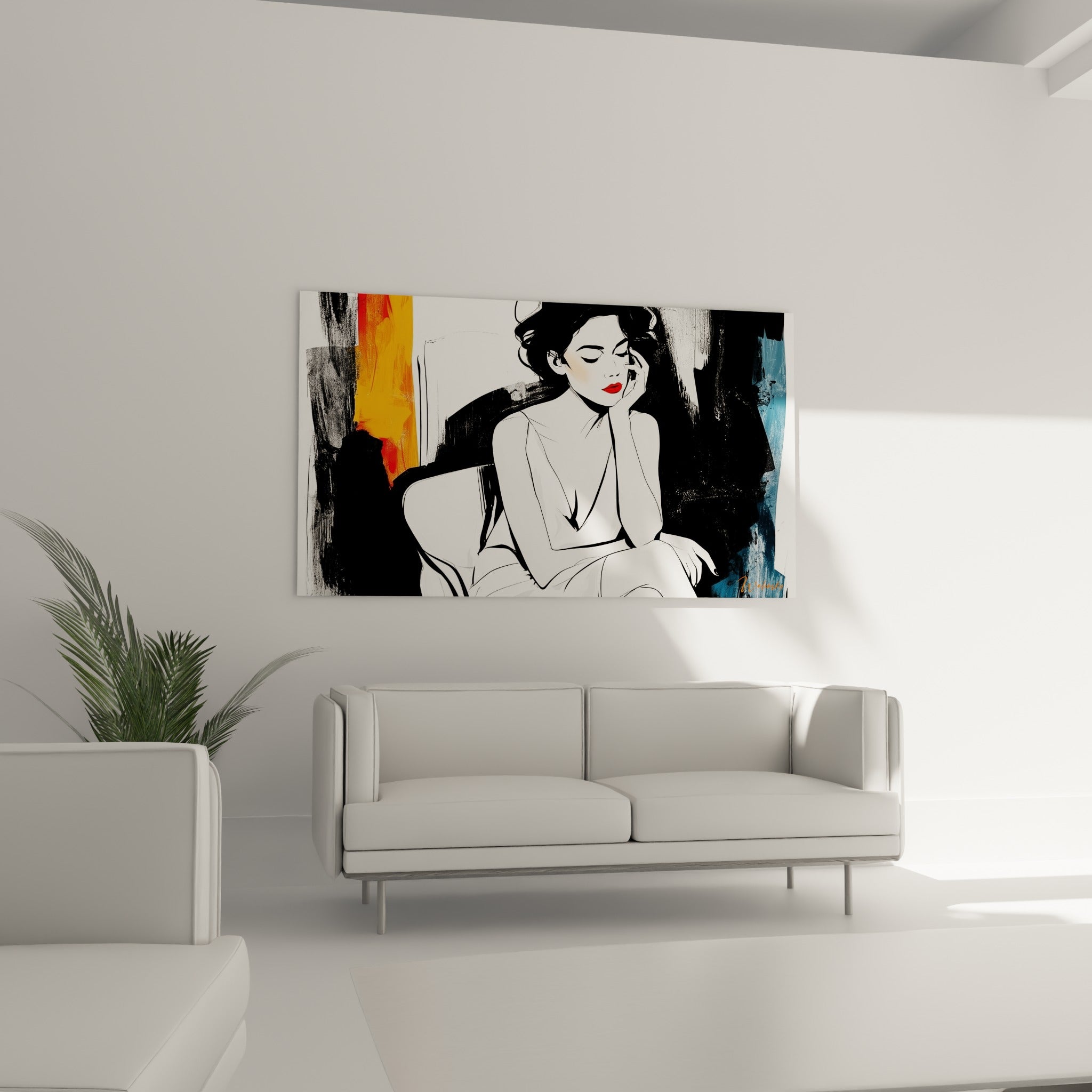 Portrait esquissé d'une femme songeuse, teintes bleu ardoise et orange, au-dessus d'un canapé dans un salon lumineux