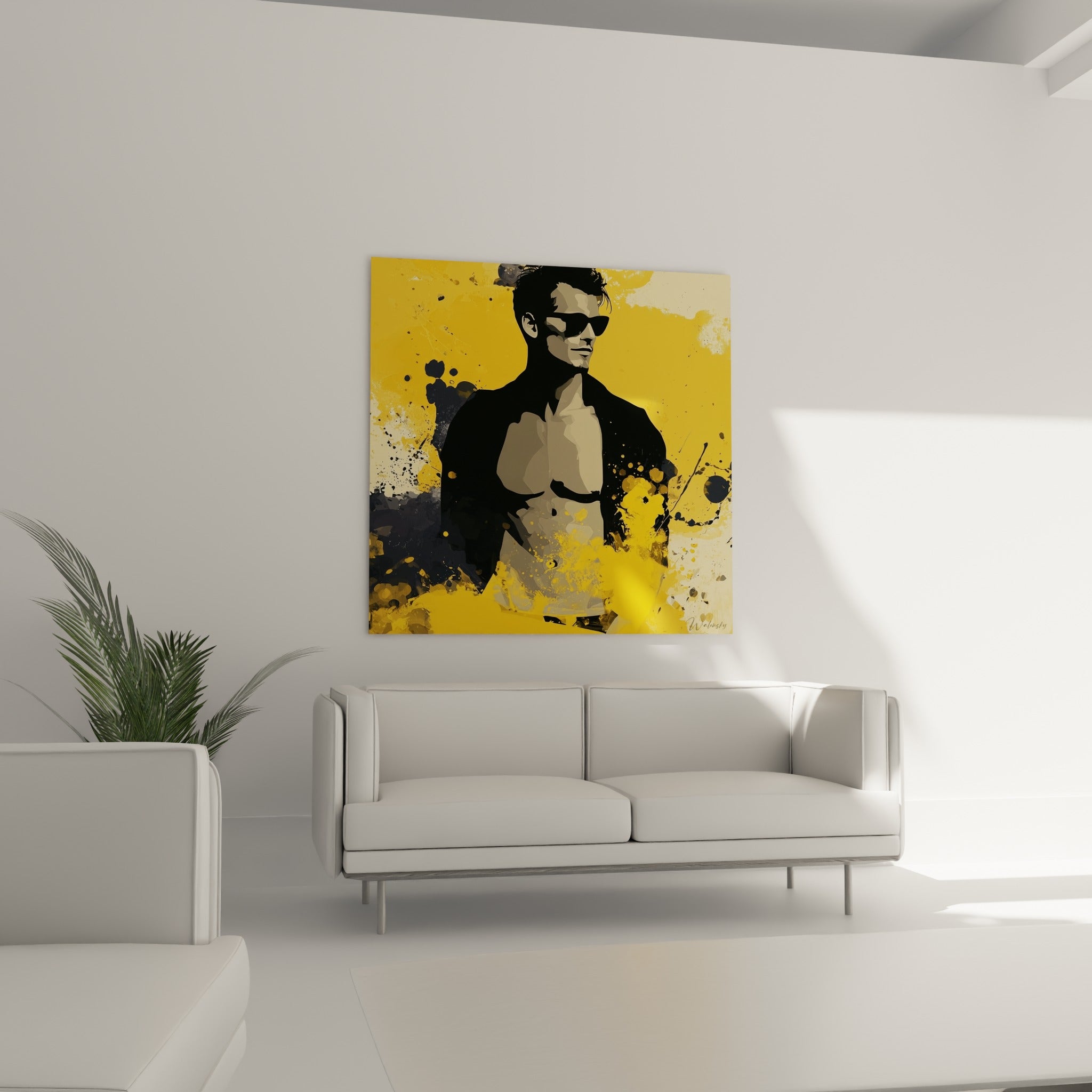 Portrait pop jaune vif et anthracite d'un homme torse nu, au-dessus d'un canapé dans un salon lumineux