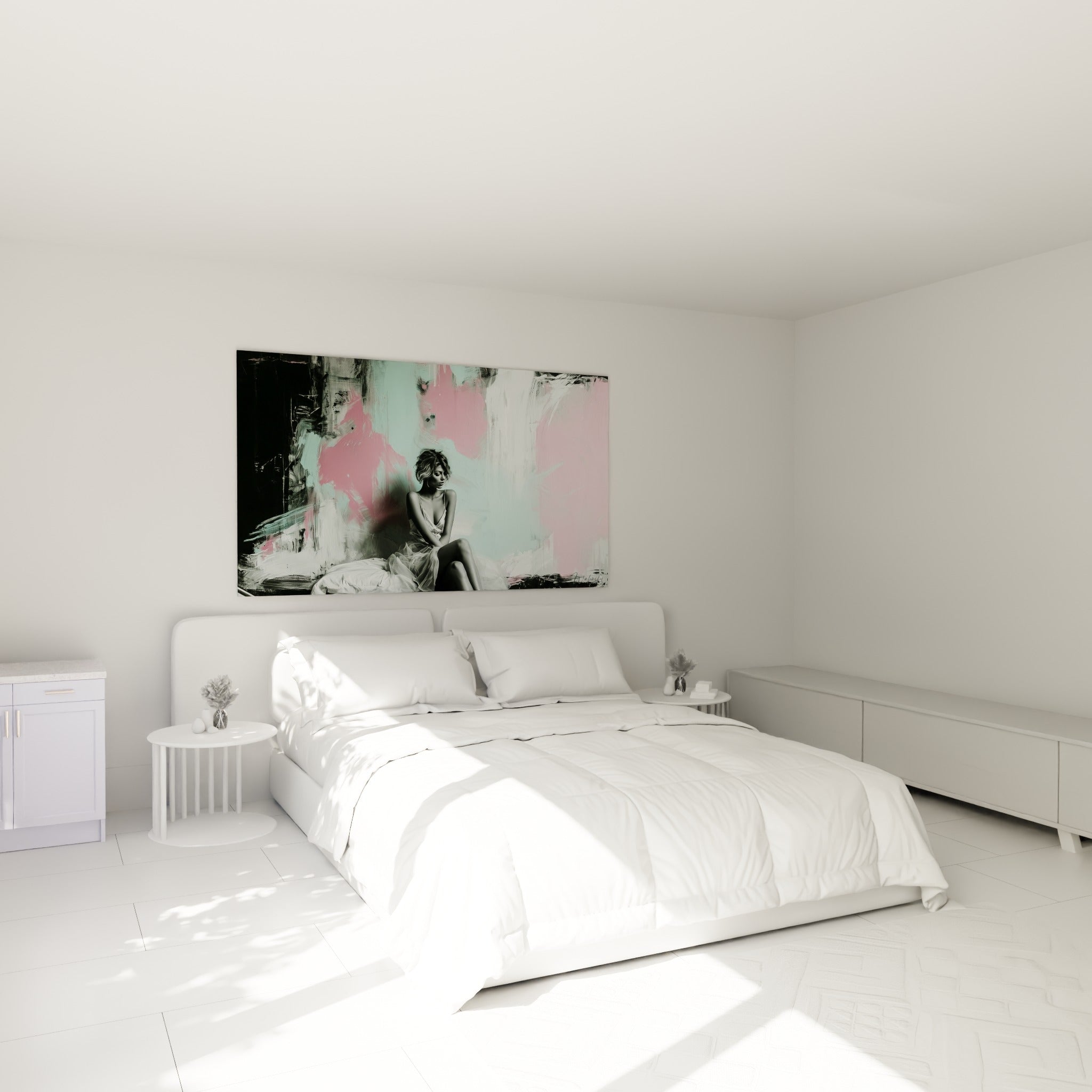 Silhouette pensive en noir et blanc sur fond rose et menthe, au-dessus d'un lit dans une chambre claire