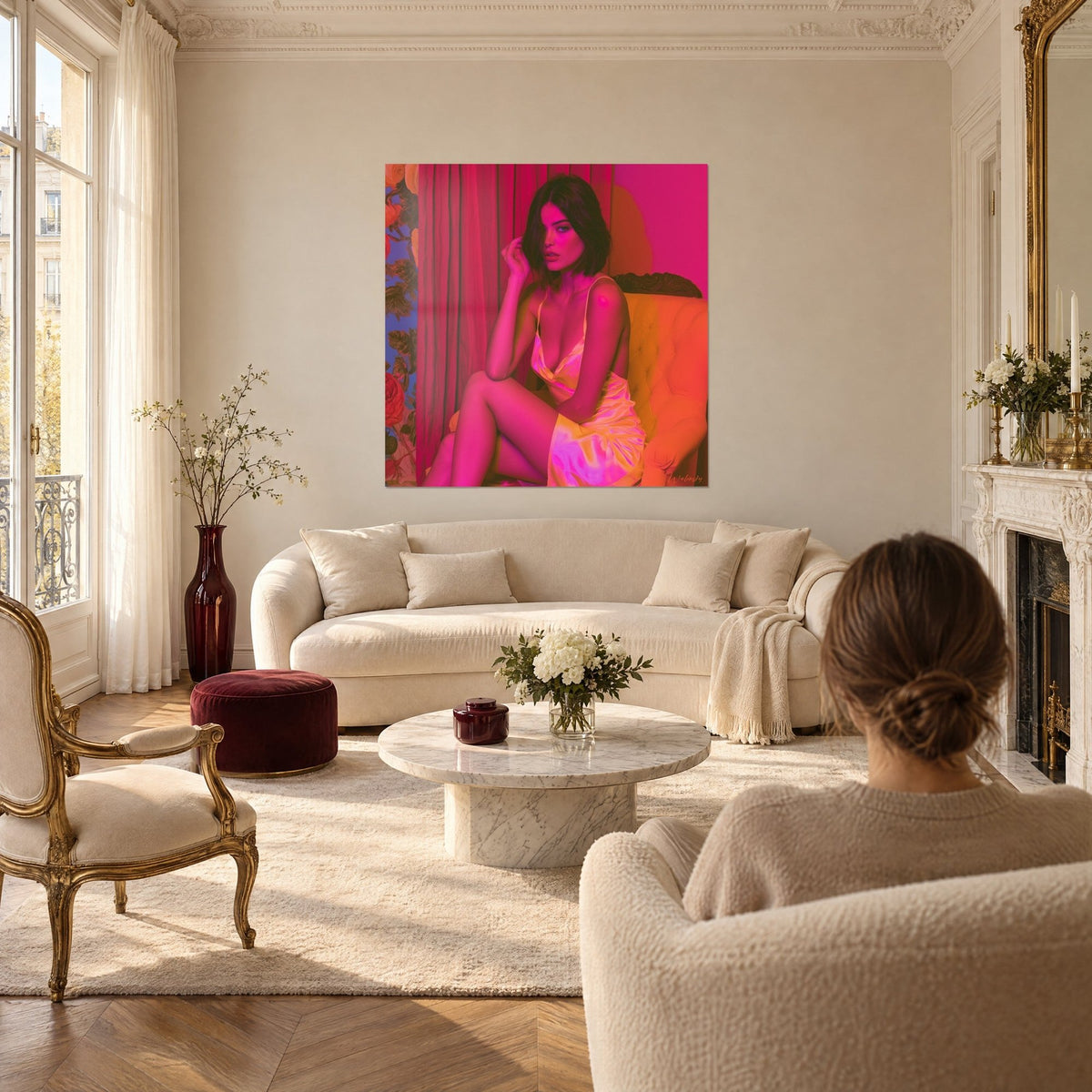 Schilderij jonge brunette met bob in roze satijnen nachthemd, oranje fauteuil, magentakleurig gordijn, boven een bank in een lichte woonkamer
