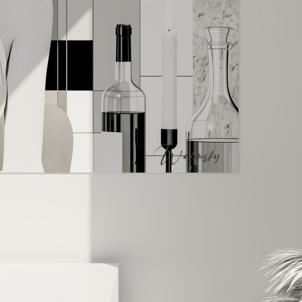 Empâtements noirs et blancs du damier architectural, grain fin sur la peau et les plis du tissu blanc
