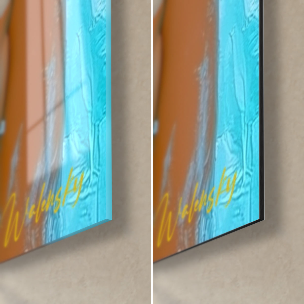 Schilderij jonge vrouw in een turquoise bikini, rechtsonder: glanzend glas links, mat Dibond-aluminium rechts, rand van 3 mm en gele signatuur