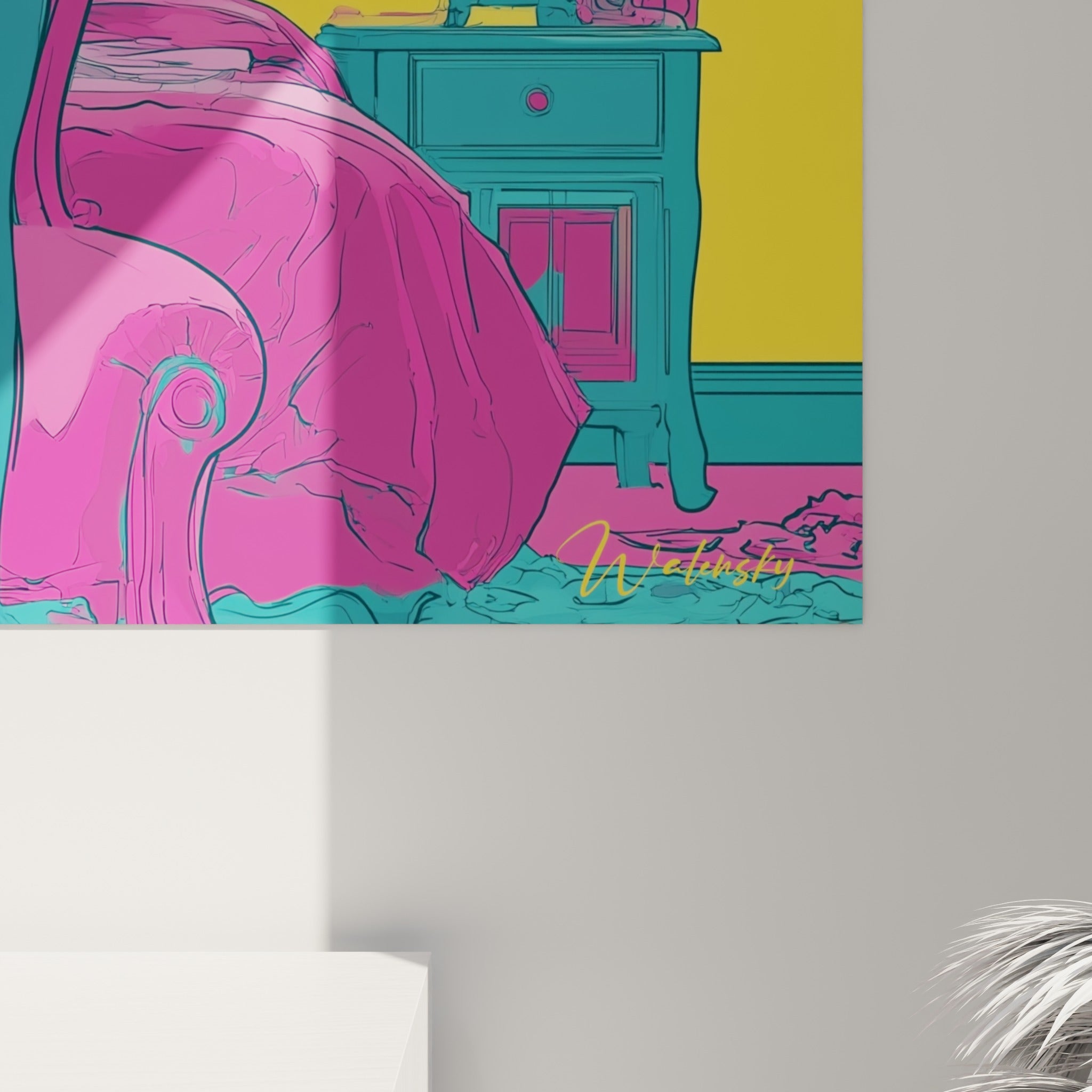Empâtements graphiques fuchsia et jaune, contours nets et coulures turquoise visibles de près sur la toile