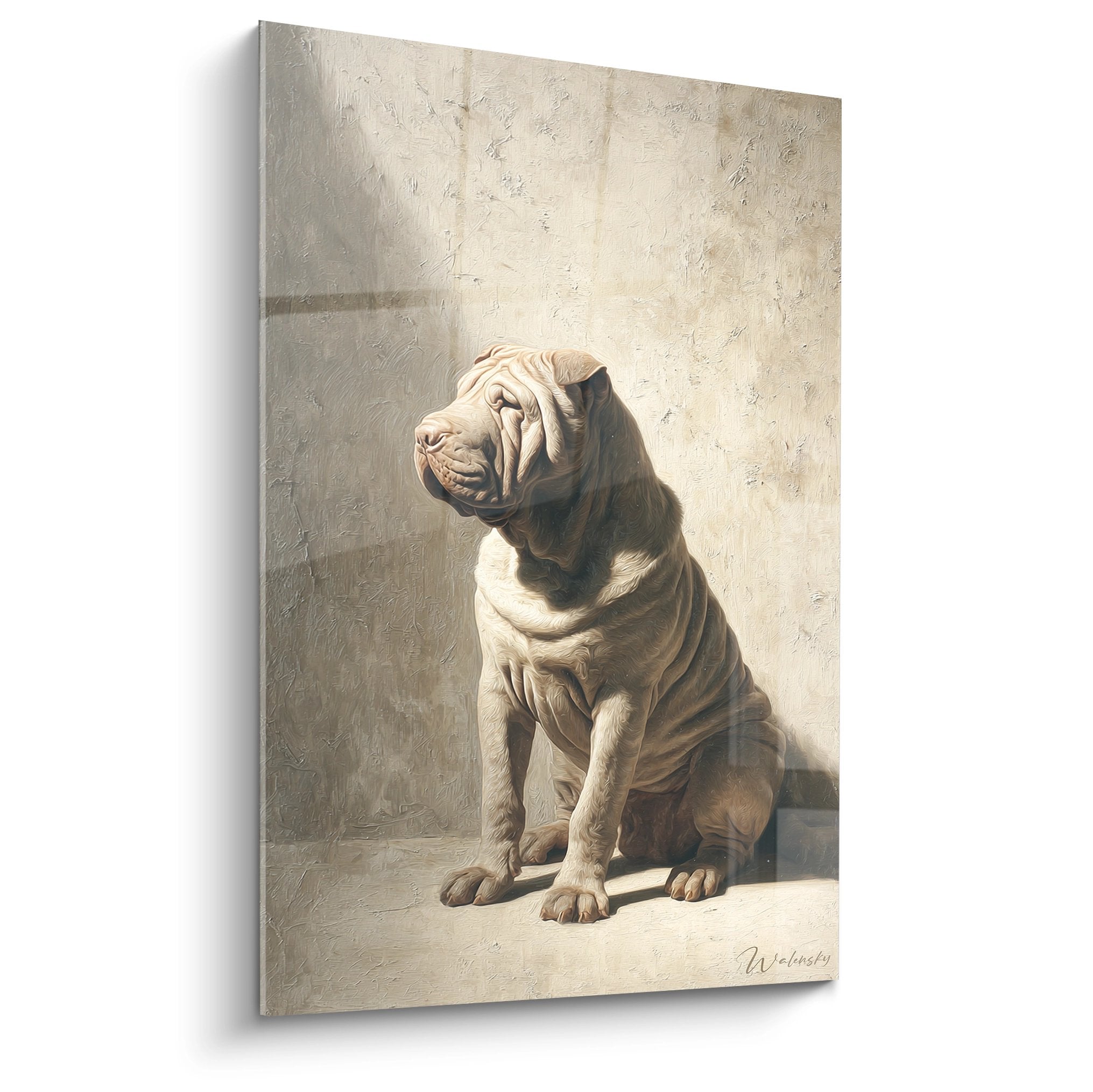 Tableau portrait Shar Pei beige assis regardant vers le haut sur fond texturé crème