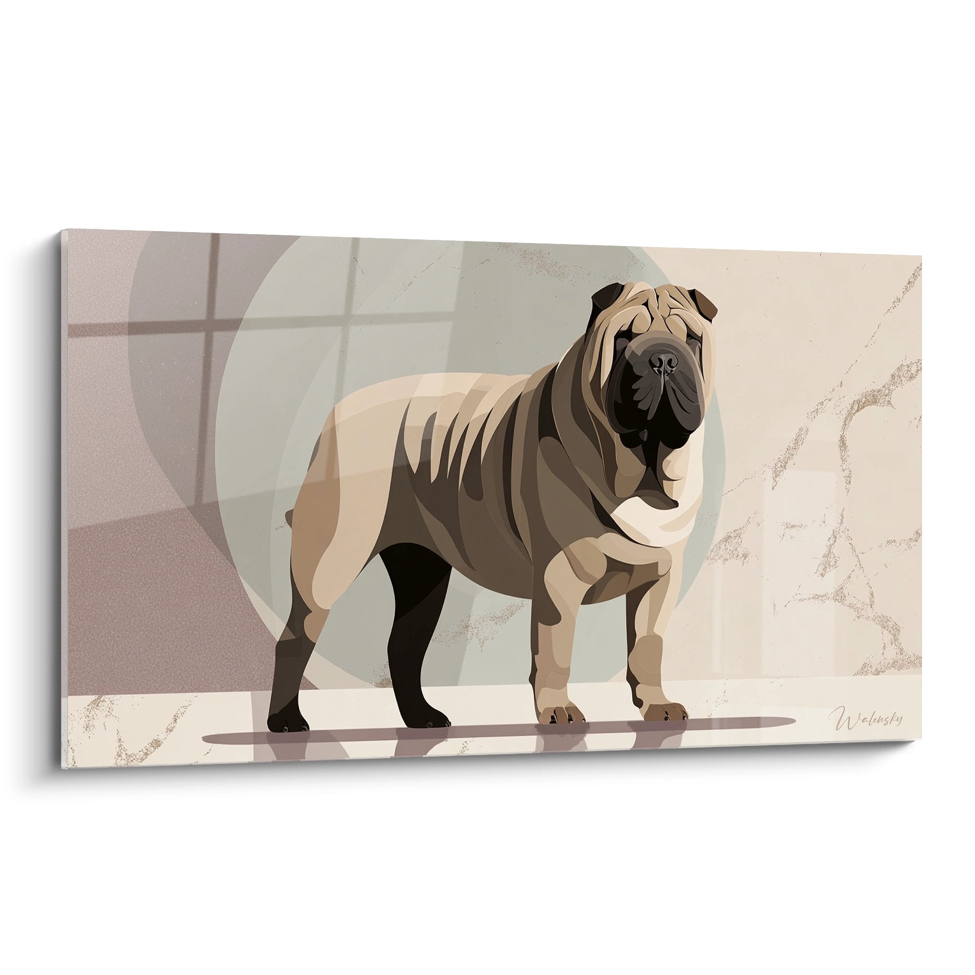 Tableau moderne d'un Shar Pei beige et marron en style géométrique sur fond de fenêtre stylisée