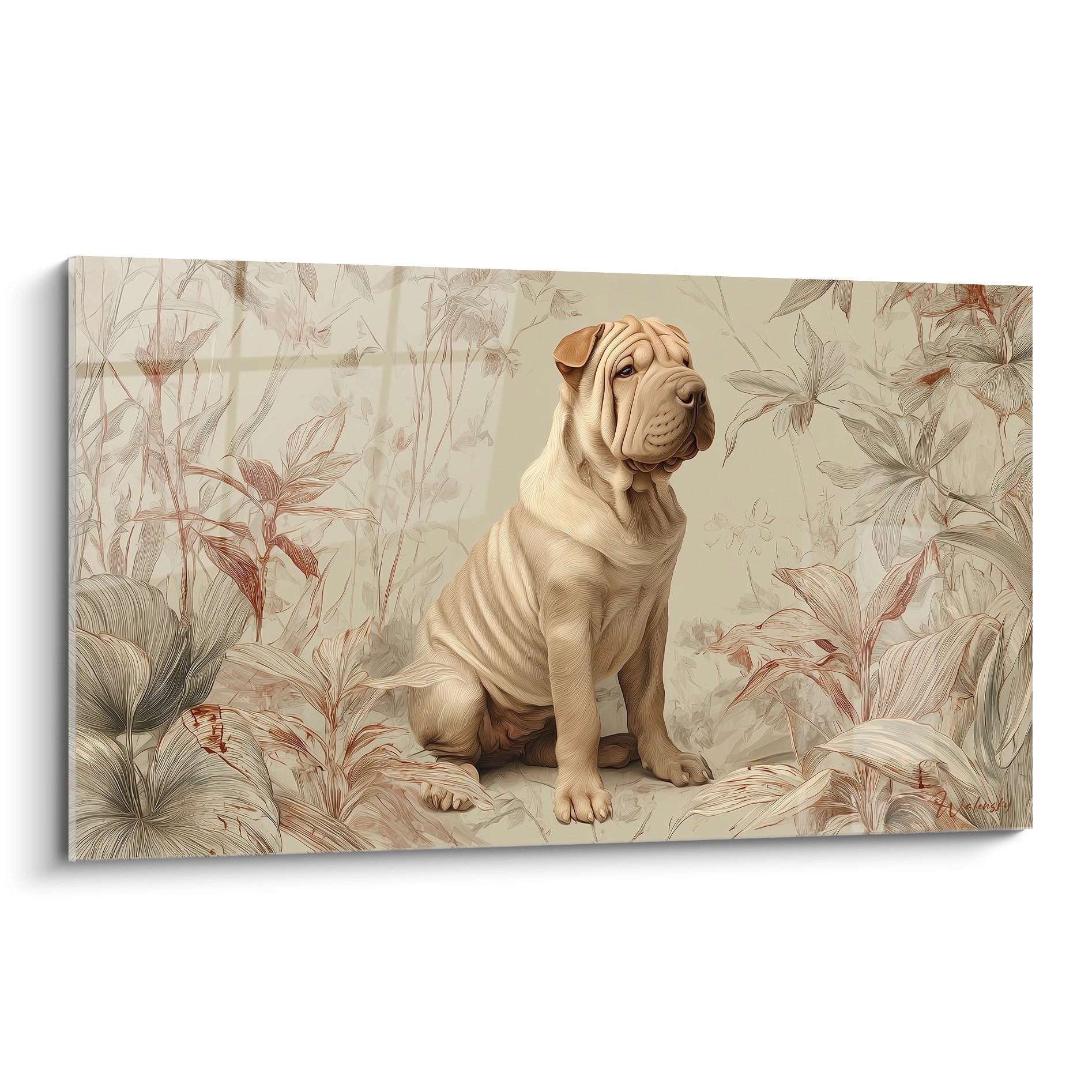 Tableau Shar Pei beige assis dans jardin tropical aux feuillages dorés style Art déco