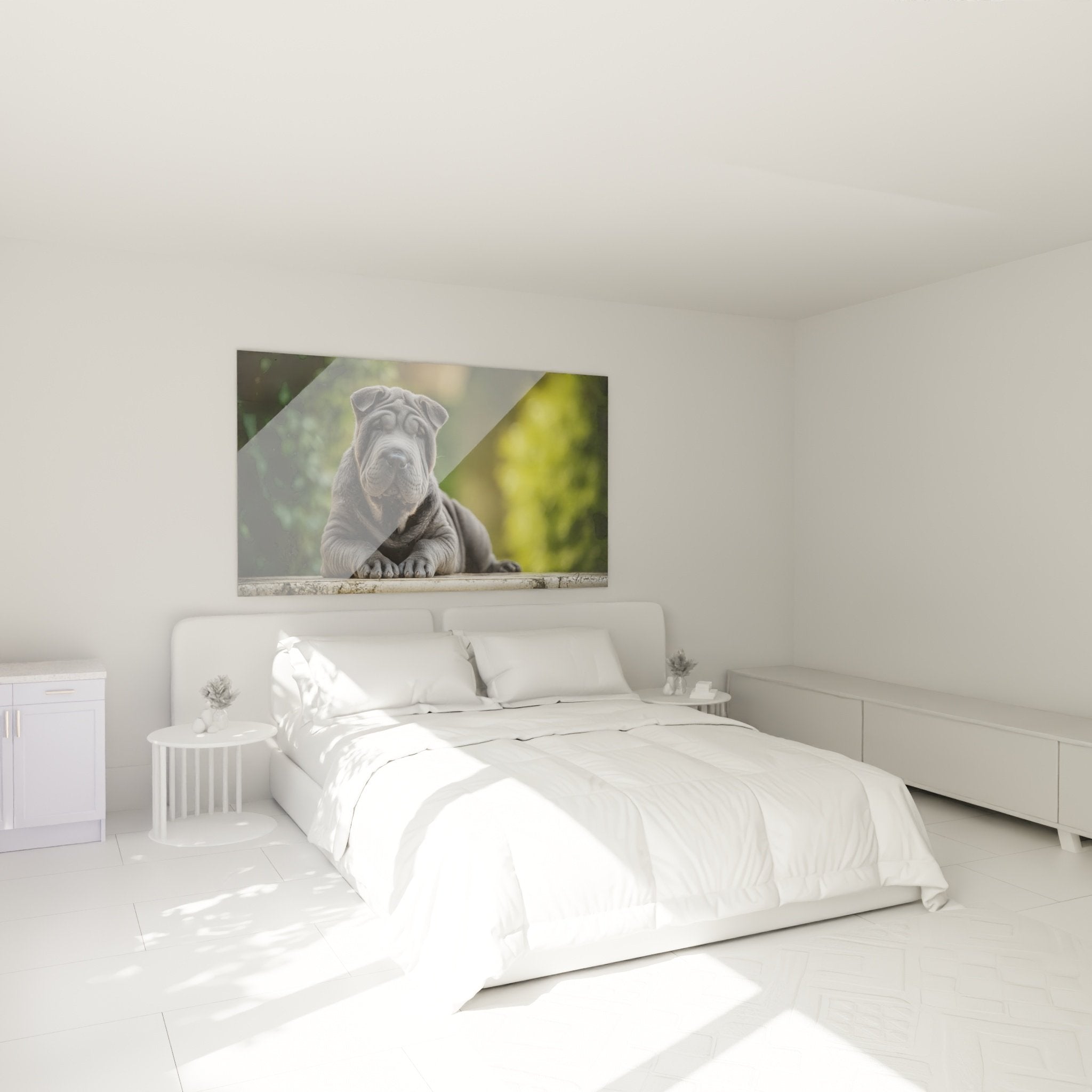 Shar-Pei-Welpen-Wandbild grau, dekoriert modernes Schlafzimmer, gemütliche Atmosphäre warme Töne, Tier-Wandkunst