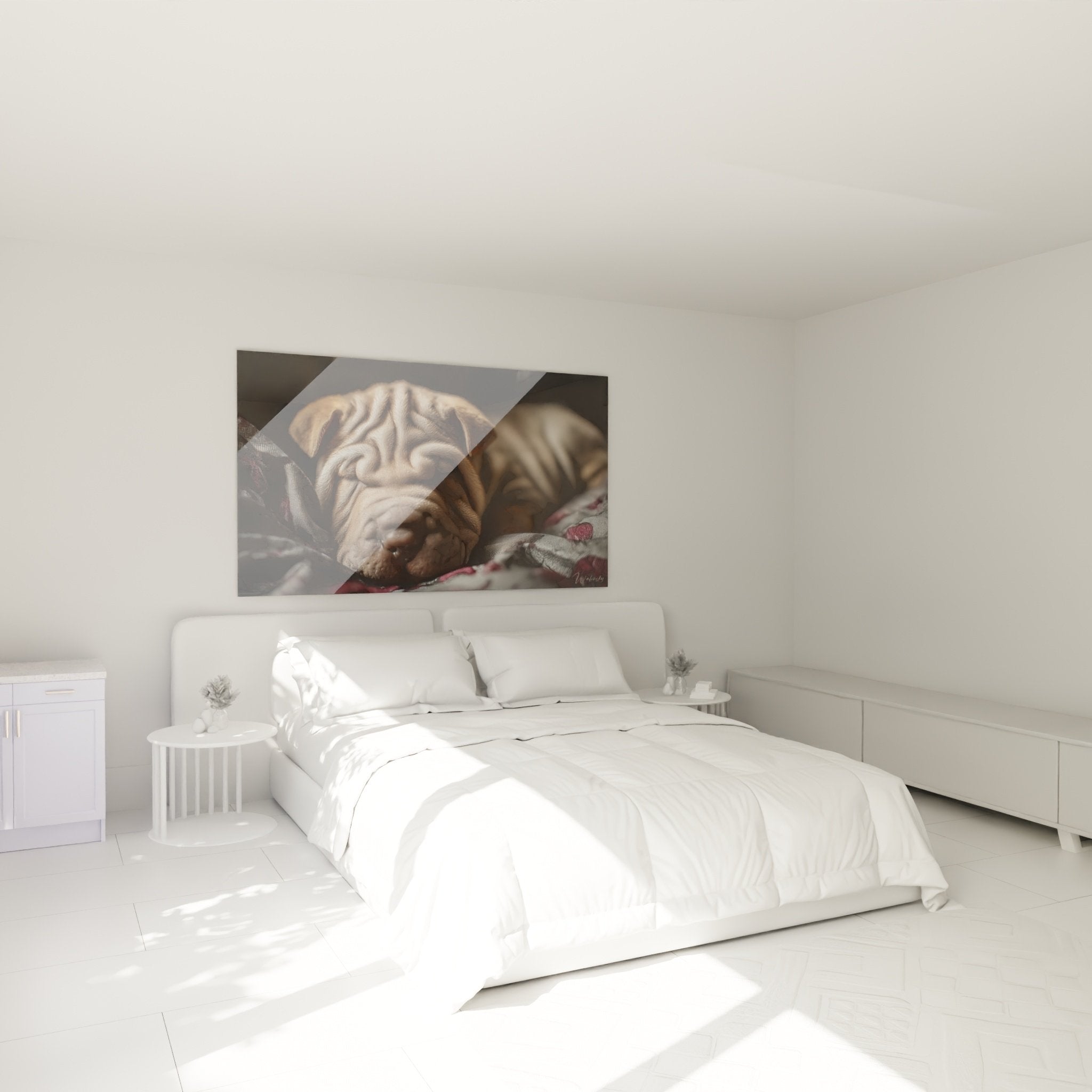 Tableau chiot Shar Pei paisible dans chambre moderne aux tons neutres