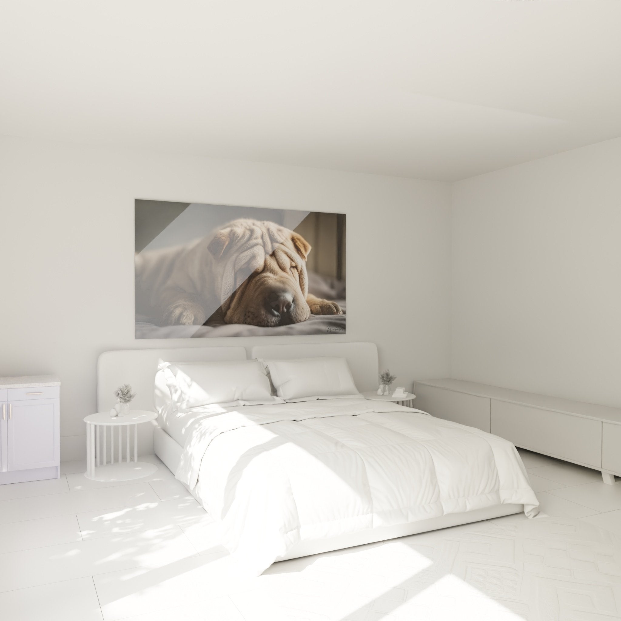 Tableau Shar Pei endormi dans chambre moderne, décoration murale apaisante tons beiges naturels