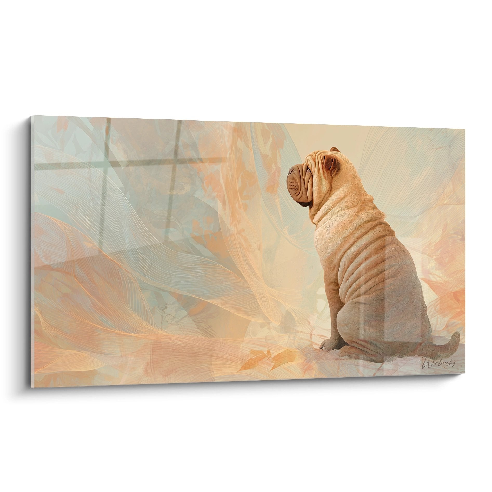 Tableau artistique d'un Shar Pei assis de profil dans une ambiance dorée avec voilages flottants