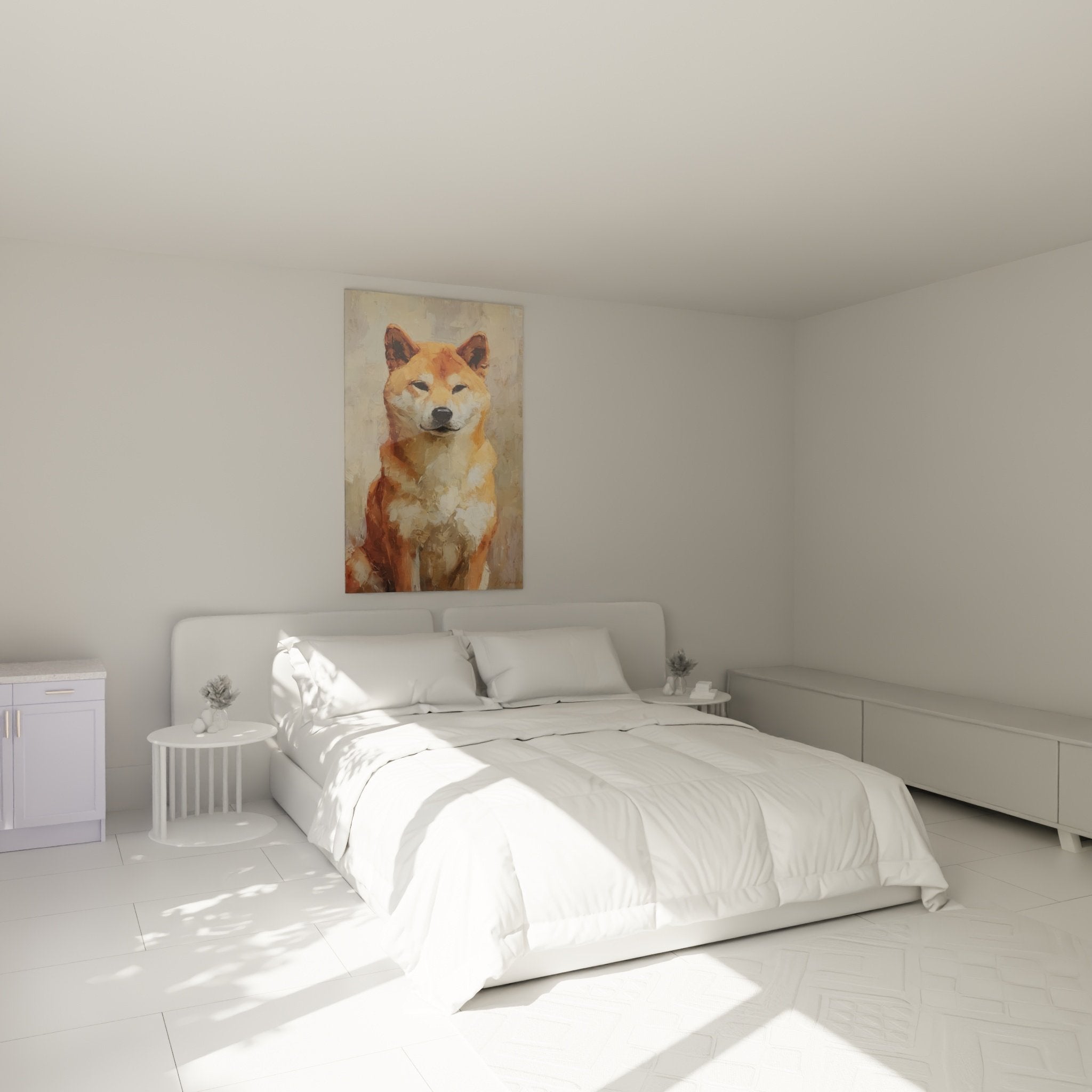 Tableau Shiba Inu aux couleurs chaudes installé dans chambre moderne avec décoration tons naturels et bois clair