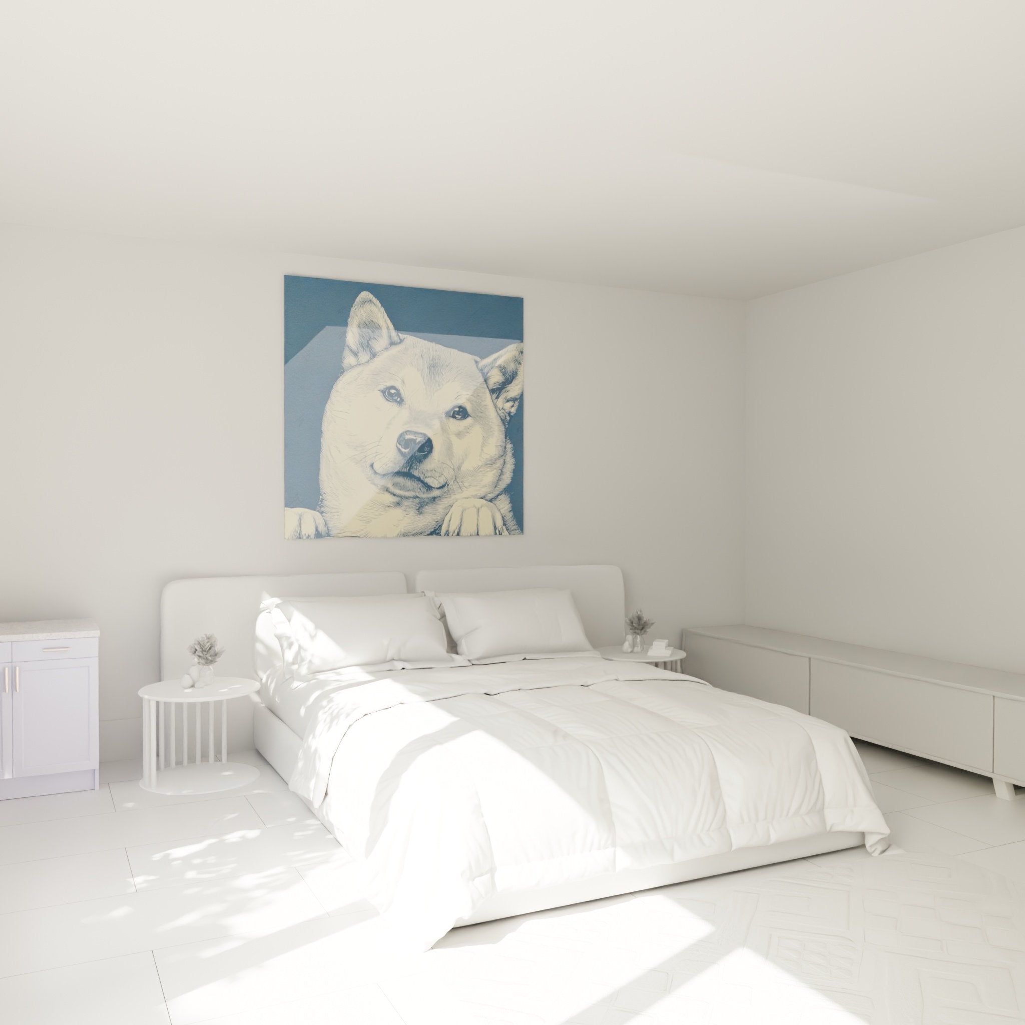 Blue cream Shiba Inu dog wall art in modern bedroom, soft and soothing ambiance for wall decoration