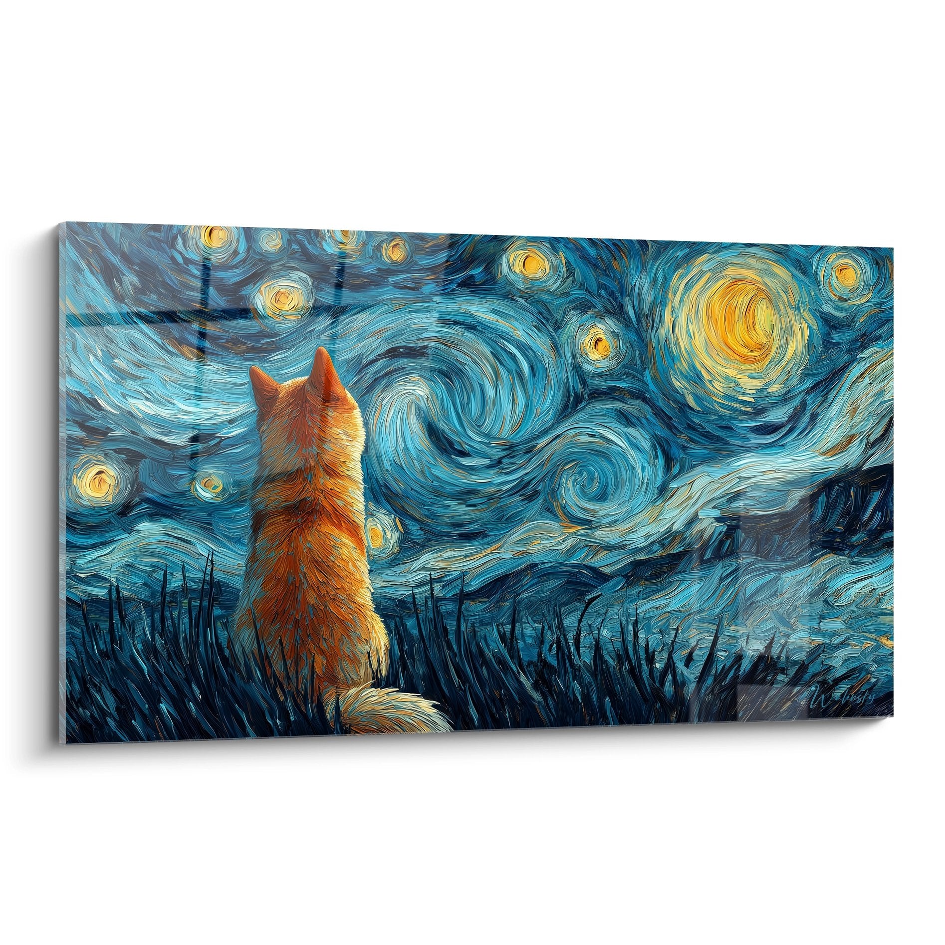 Tableau Shiba Inu roux contemplant ciel étoilé tourbillonnant bleu avec étoiles dorées style impressionniste