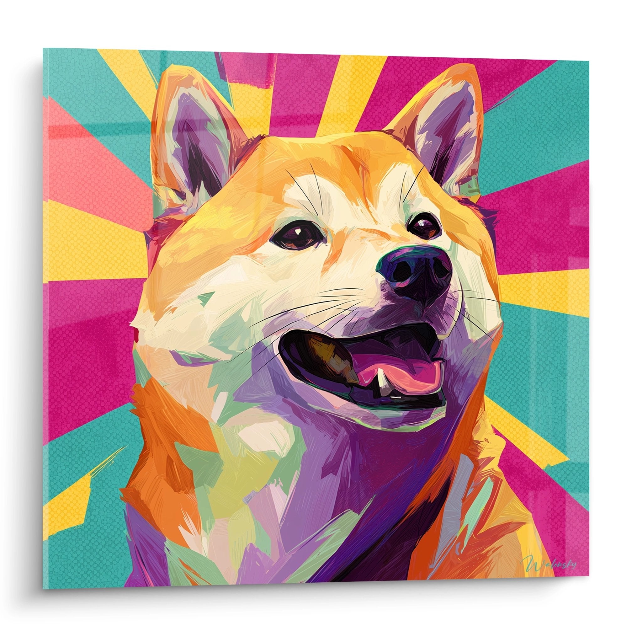 Colorful portrait of smiling Shiba Inu against multicolored rays background orange turquoise and fuchsia pop art style