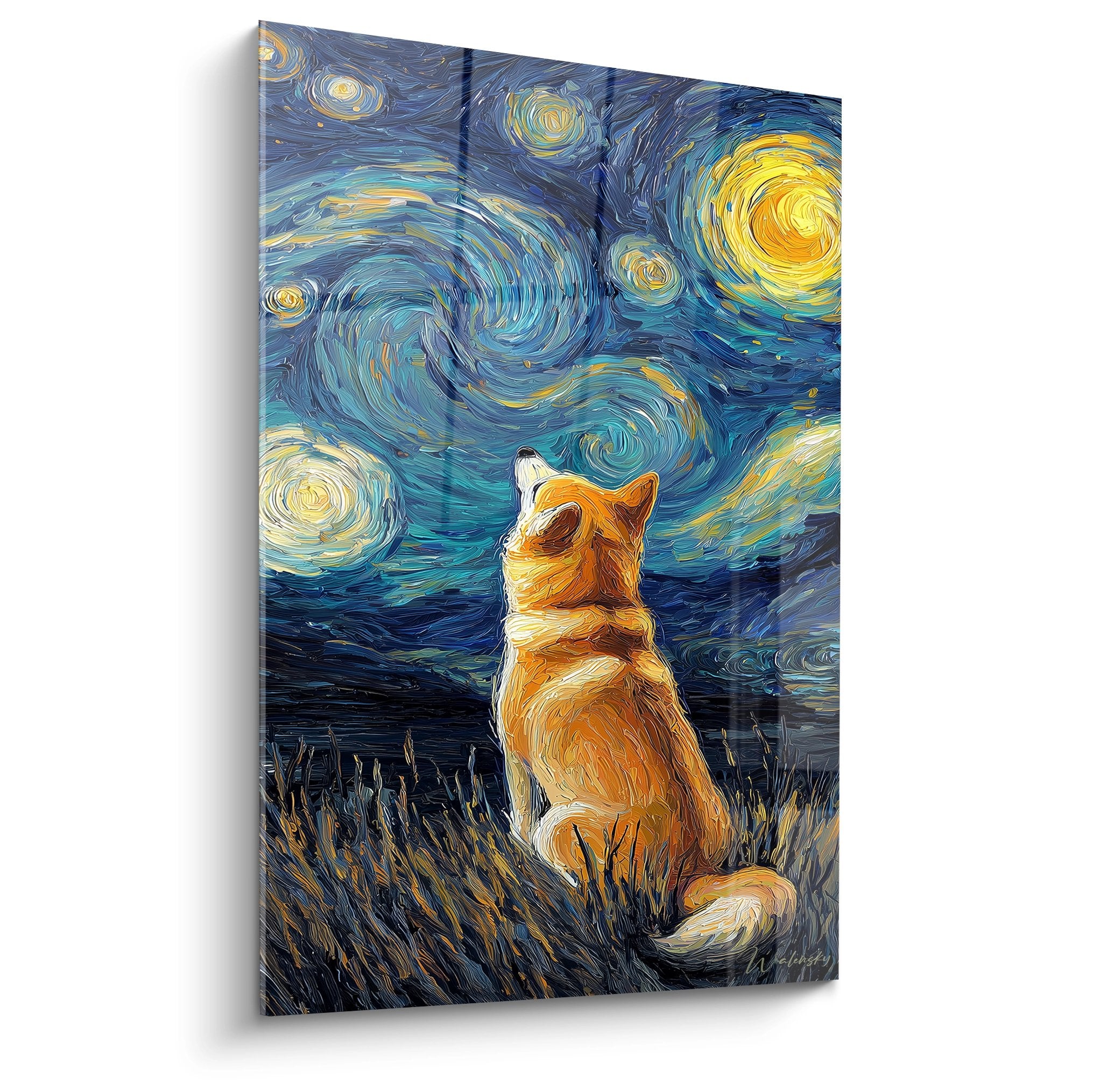 Red shiba inu painting gazing at starry sky golden blue swirls cosmic night wall art