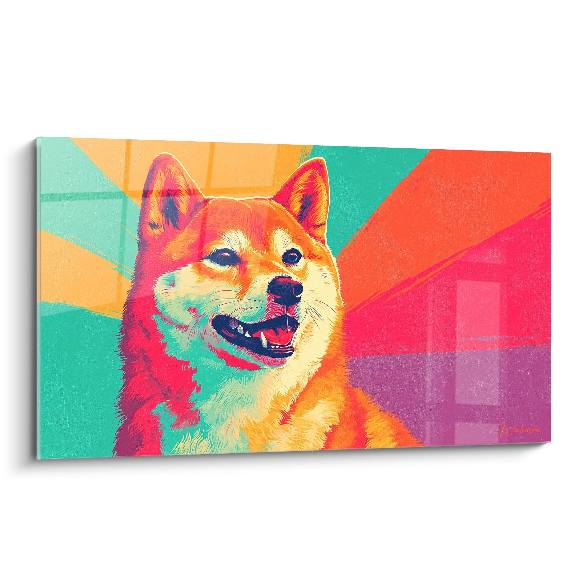 Tableau pop art moderne représentant un Shiba Inu souriant aux couleurs vives orange turquoise et rose