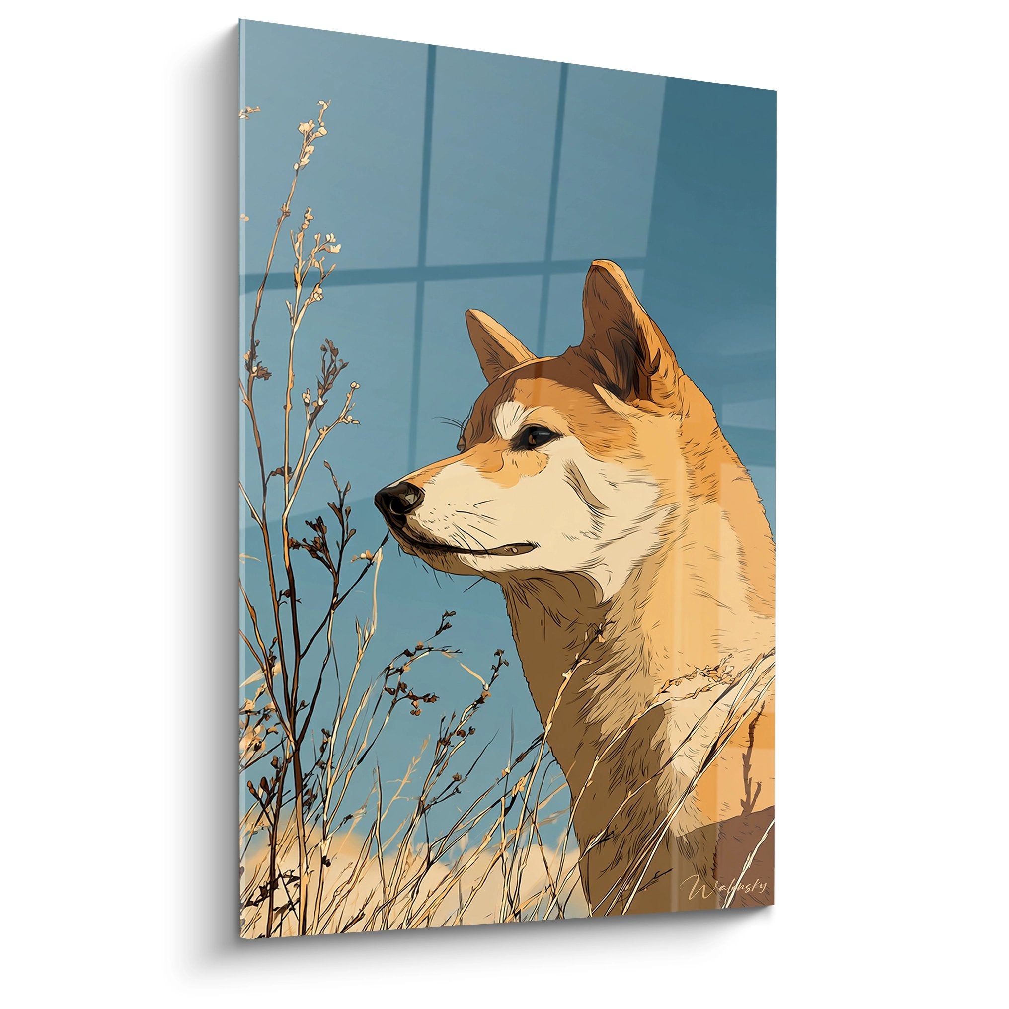Tableau Shiba Inu roux contemplant horizon prairie dorée herbes sauvages ciel bleu art mural chien