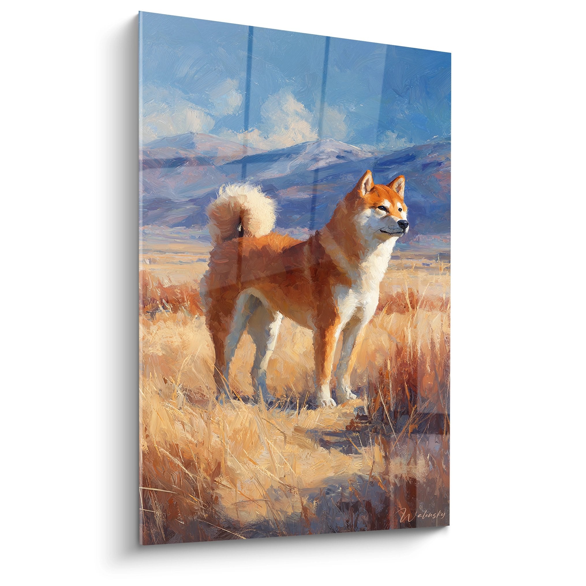 Red Shiba Inu painting artwork contemplating mountainous landscape golden meadow blue sky clouds