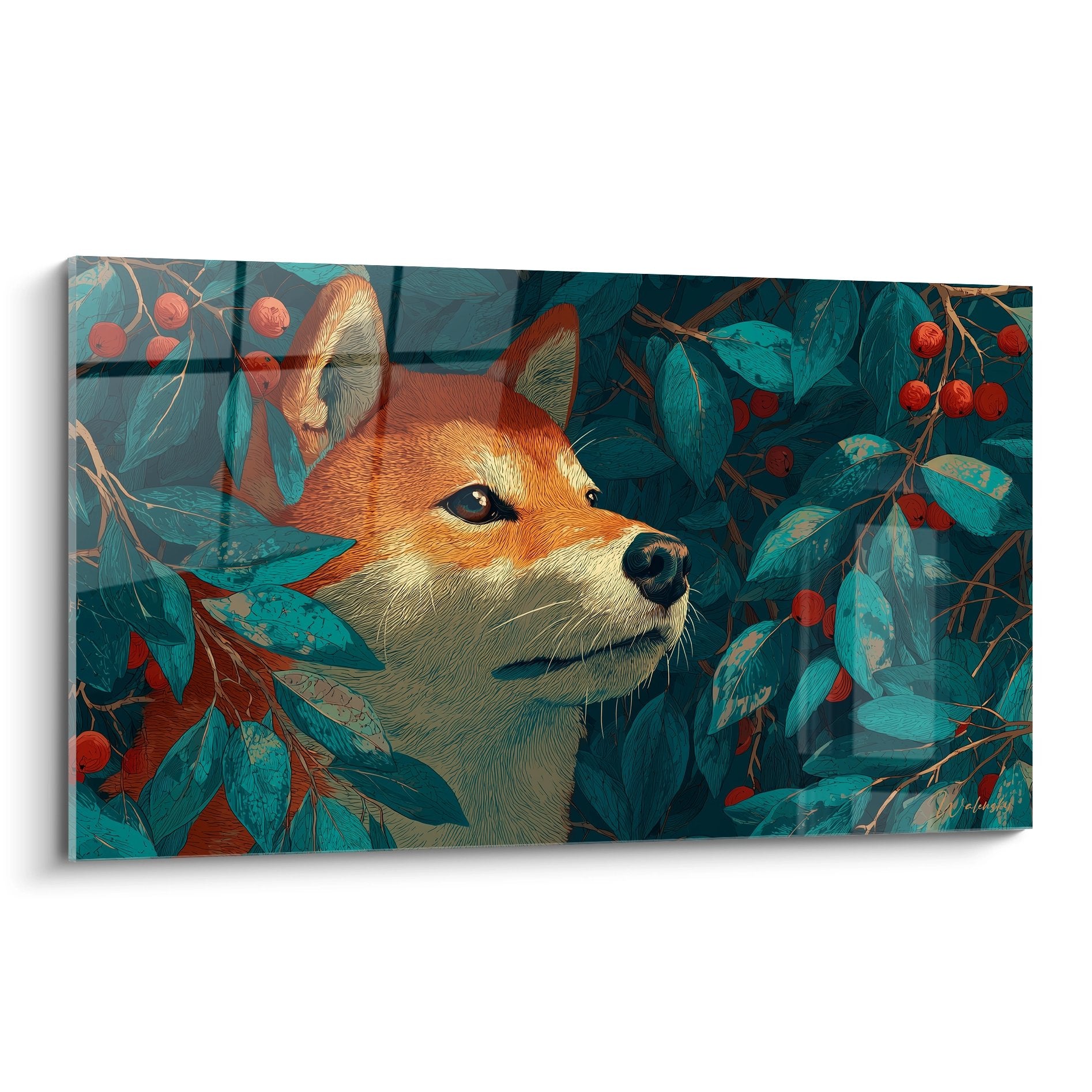 Tableau Shiba Inu roux au regard intense dans feuillage turquoise avec baies rouges, art décoratif naturel