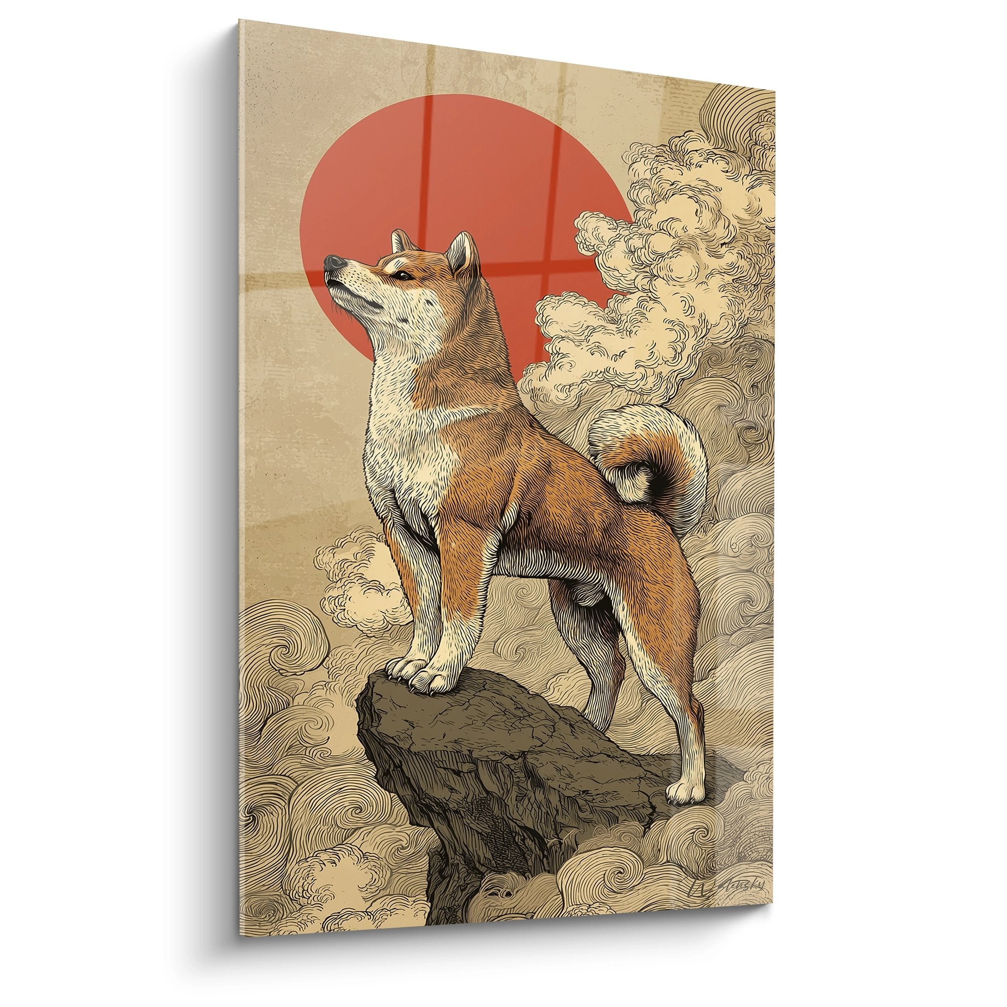 Tableau Shiba Inu roux sur rocher avec soleil rouge et nuages dorés style japonais