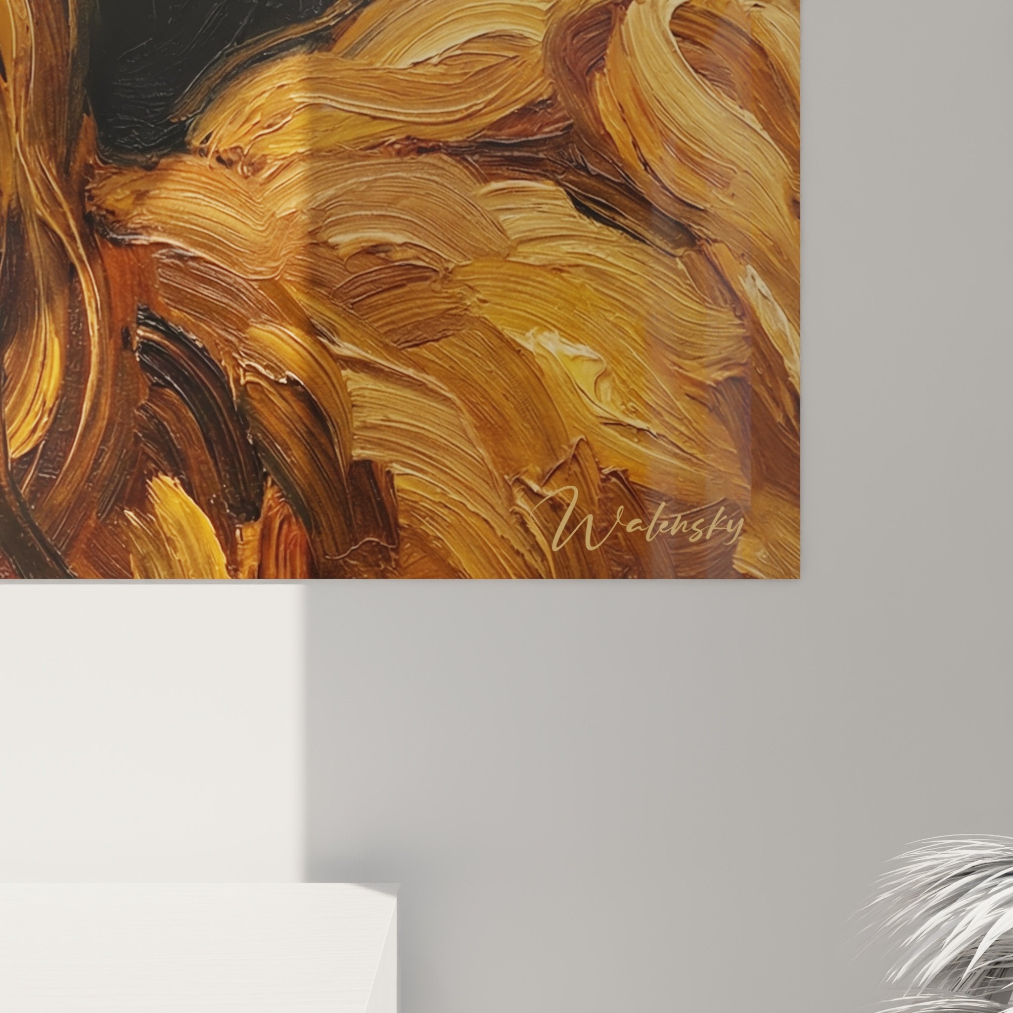 Tableau Shih Tzu accroche murale salon decoration portrait chien pelage dore contraste sombre