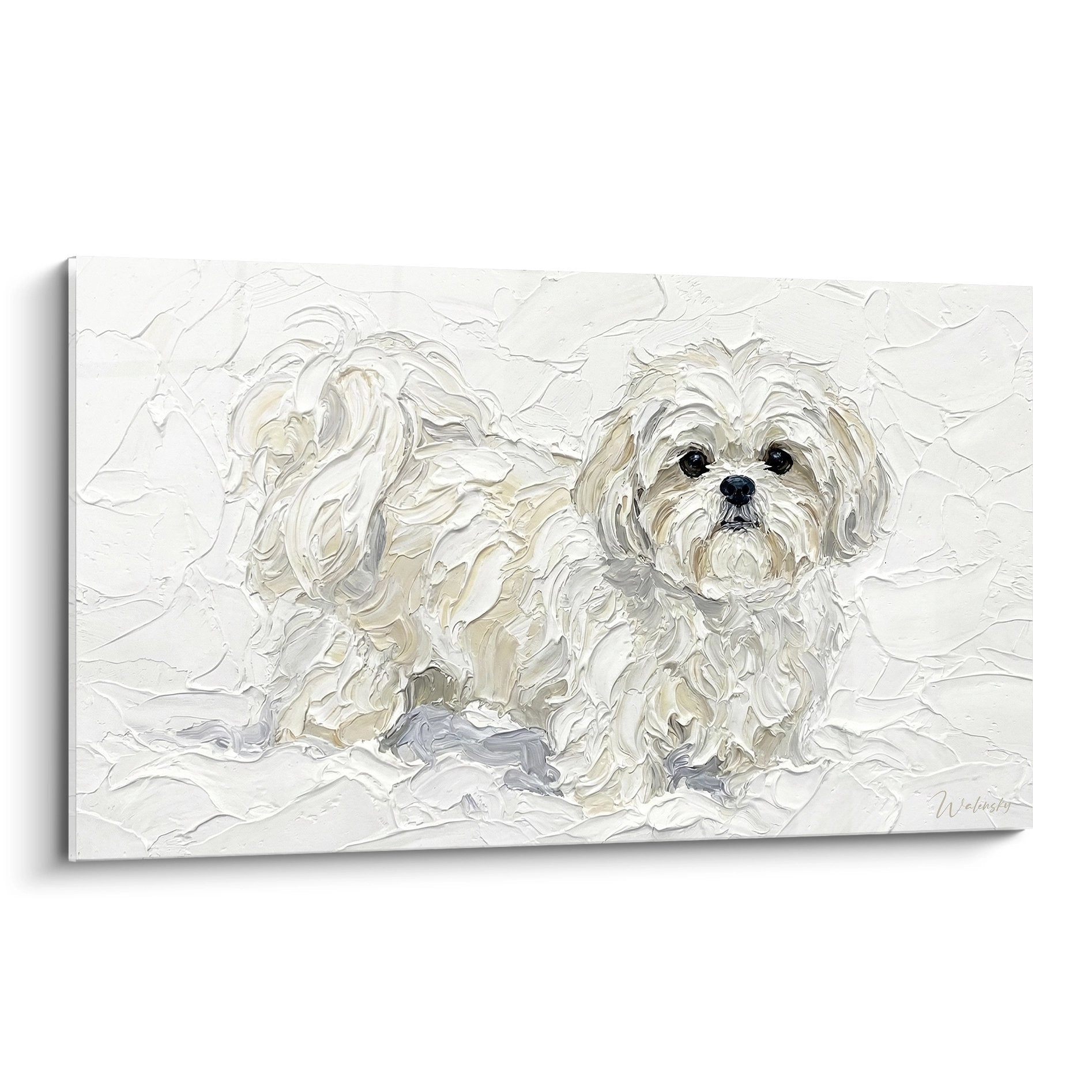 Tableau peinture épaisse Shih Tzu blanc et beige allongé sur fond clair technique empâtement
