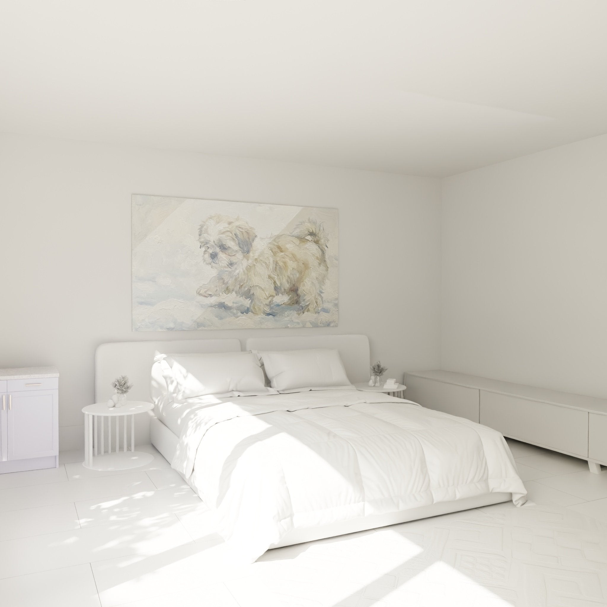 Shih-Tzu-Gemälde beige Schlafzimmer Wanddekoration süßer Hund gemütliche Atmosphäre neutrale Töne