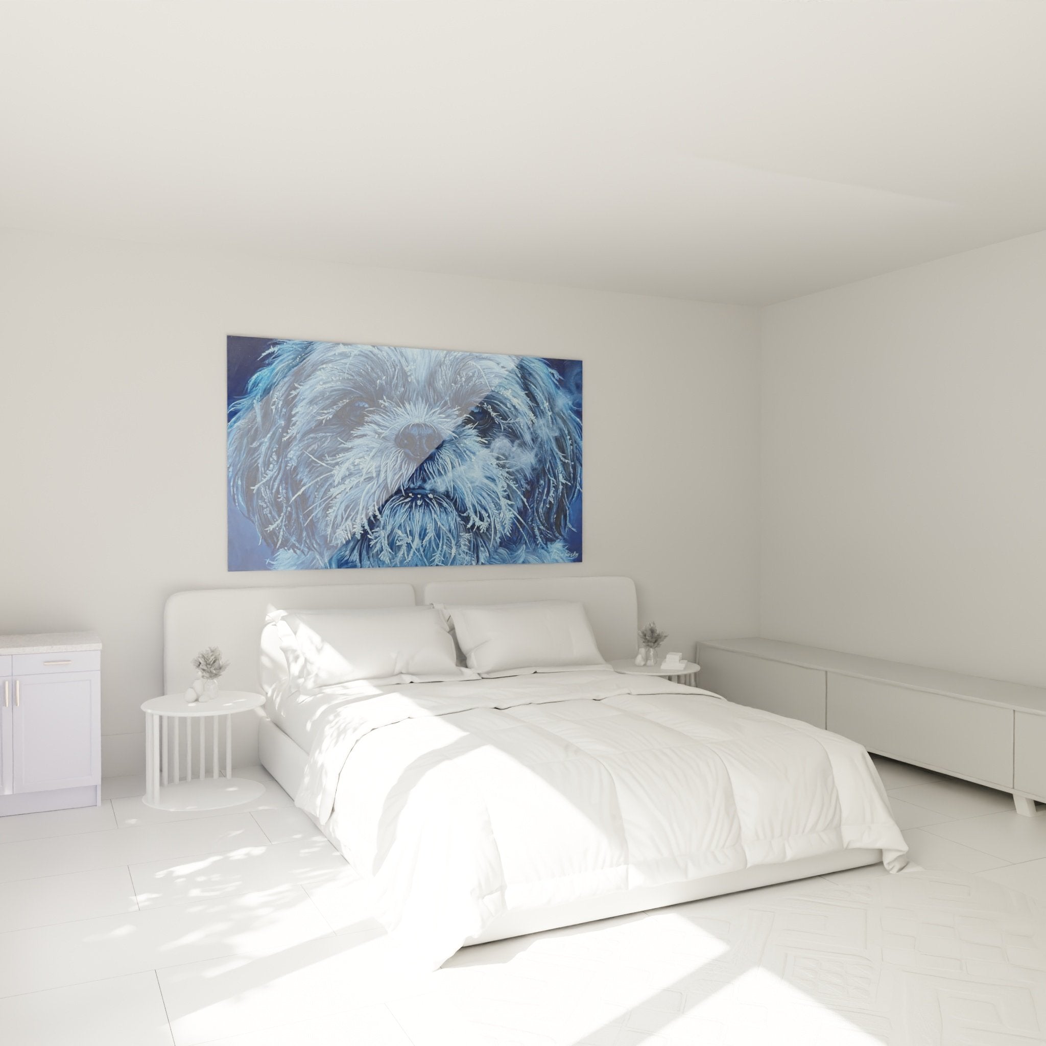 Tableau Shih Tzu bleu dans chambre décoration murale apaisante tons glacier
