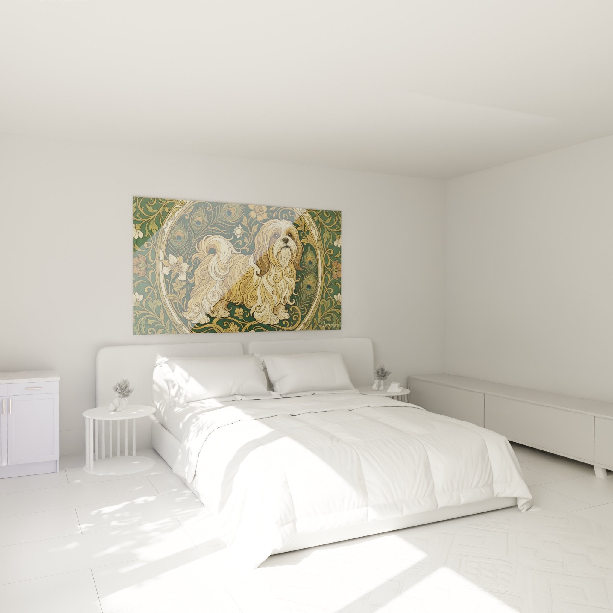 Tableau Shih Tzu motifs dorés dans chambre élégante, décoration murale raffinée