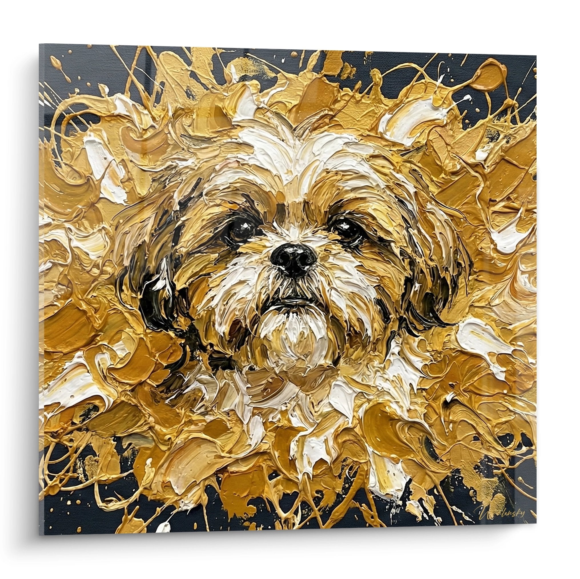 Quadro espressionista Shih Tzu con tonalità dorate e schizzi di pittura dinamici su sfondo antracite