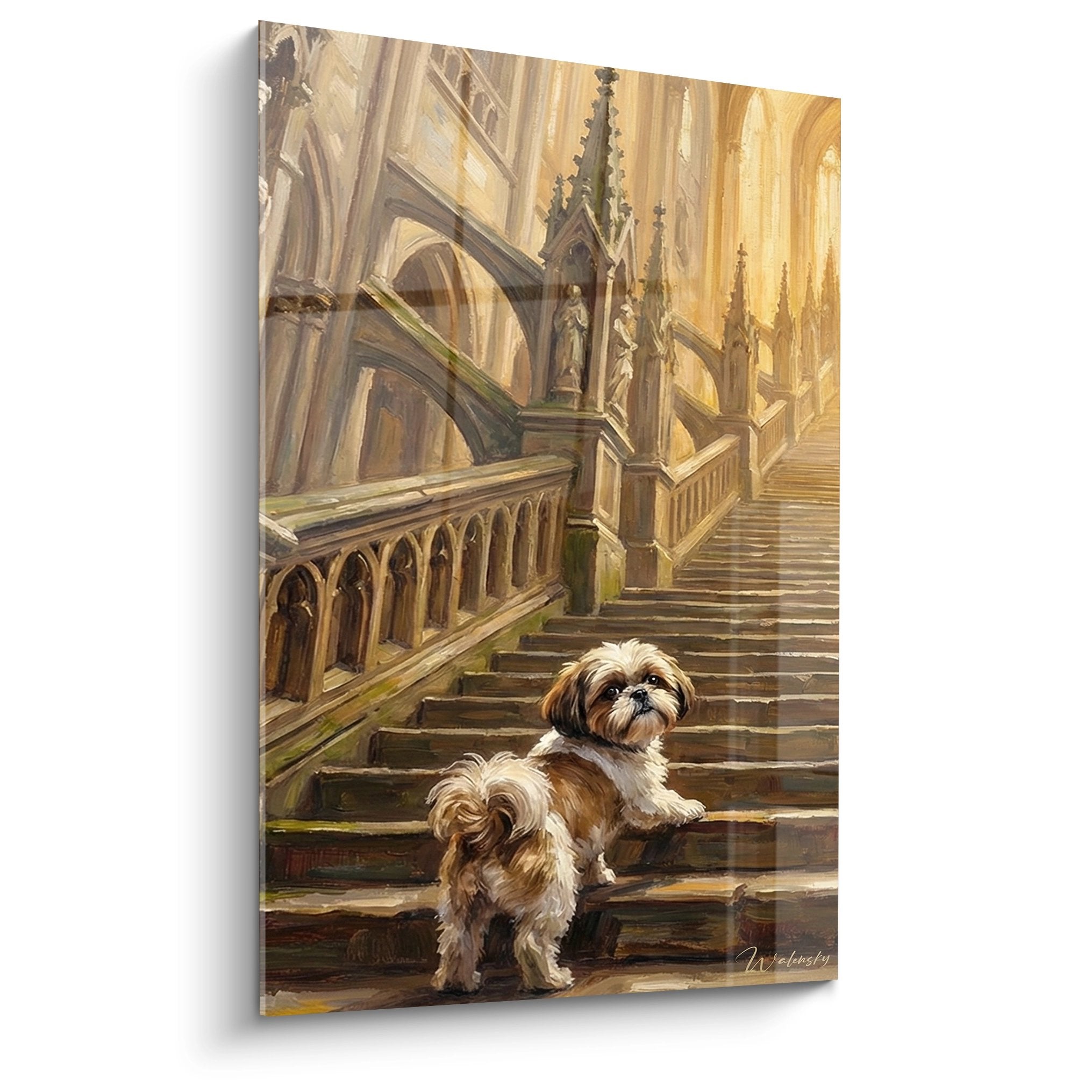 Deux Shih Tzu sur escalier gothique avec colonnes sculptées et lumière dorée filtrée par voûtes de cathédrale