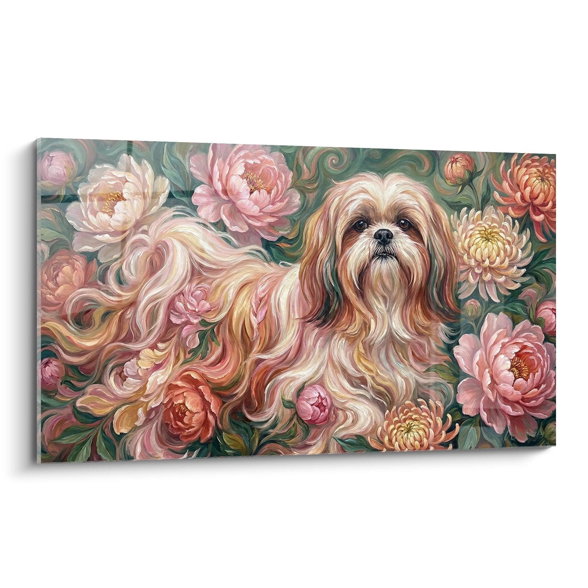 Tableau artistique Shih Tzu aux tons floraux avec pivoines roses et blanches sur fond vert olive