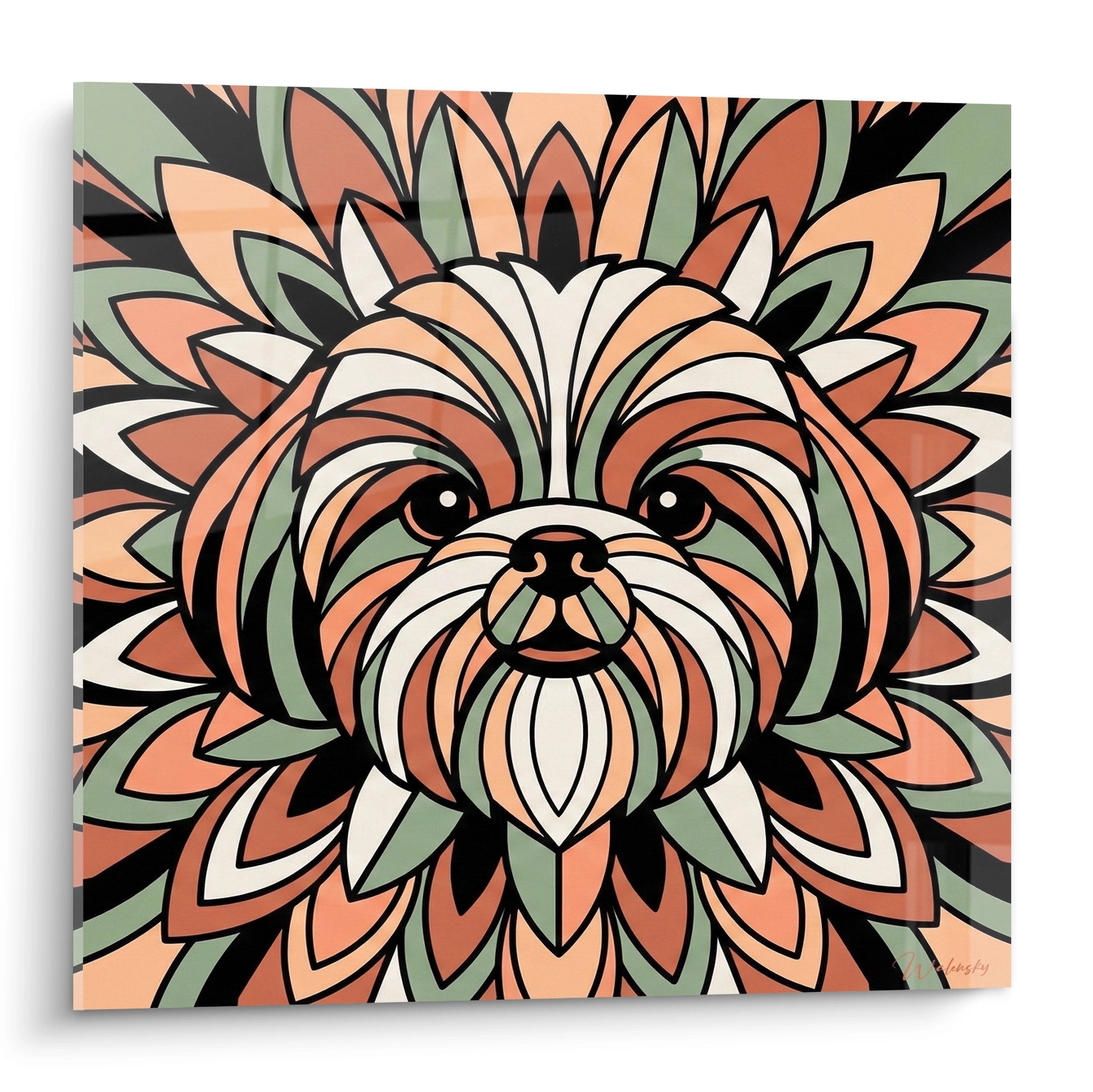 Ritratto stilizzato di Shih Tzu al centro di un mandala floreale nei toni terra di Siena e verde salvia su sfondo decorativo