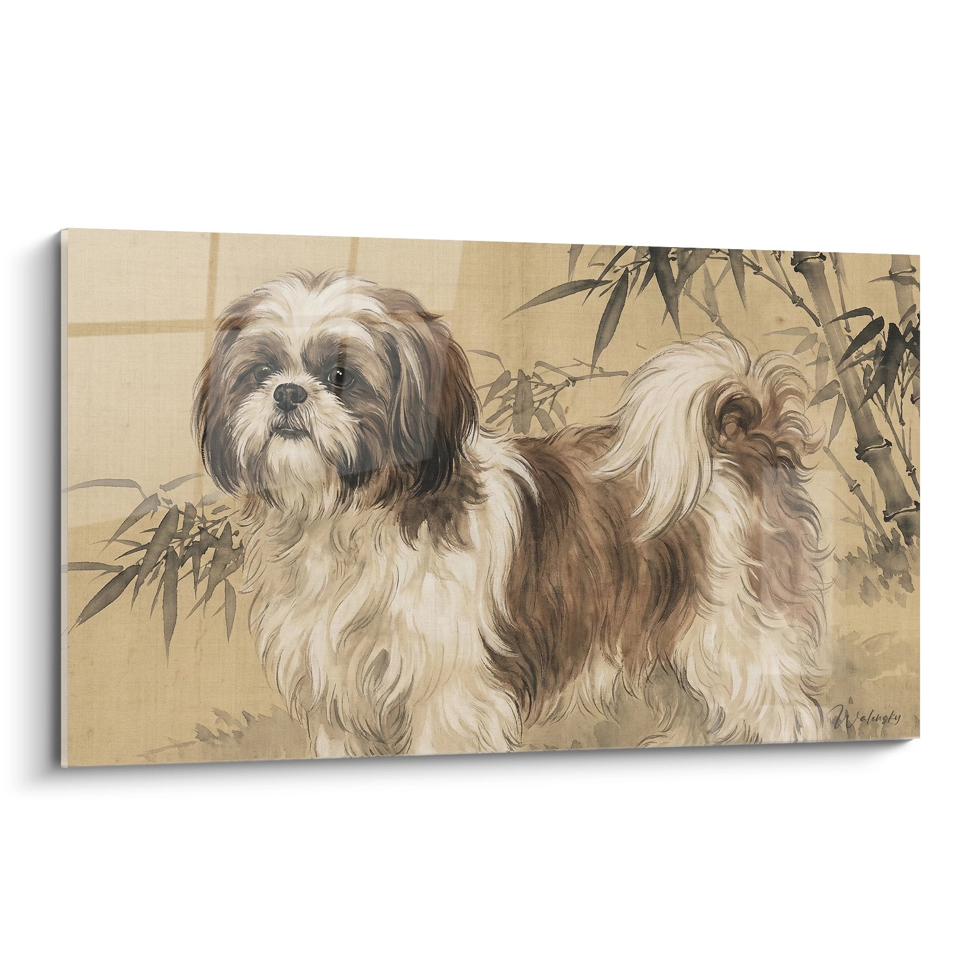 Quadro ritratto Shih Tzu beige e bianco su fondo seppia con bambù stile orientale tradizionale