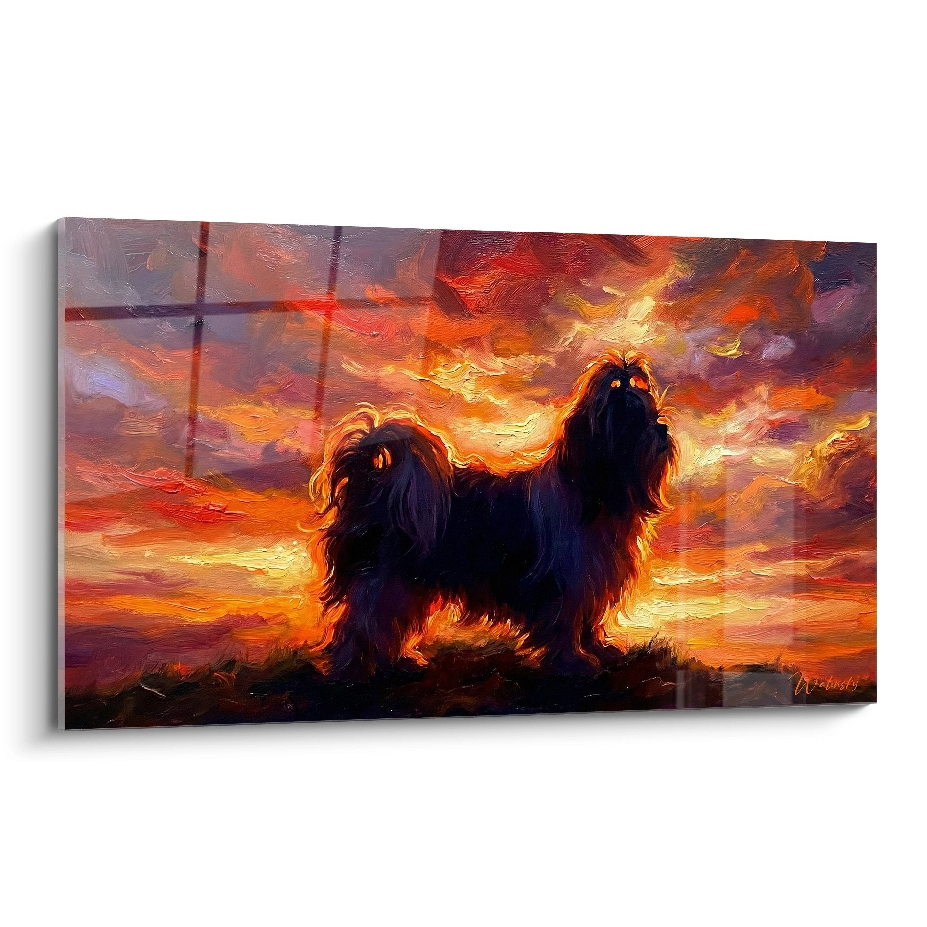 Quadro silhouette Shih Tzu al tramonto arancione dorato pittura impressionista cane nobile