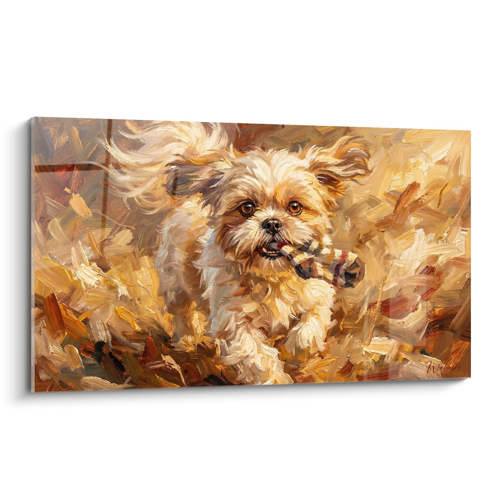 Dipinto Shih Tzu nei toni dorati che tiene un giocattolo a righe, pelame vaporoso, sguardo espressivo