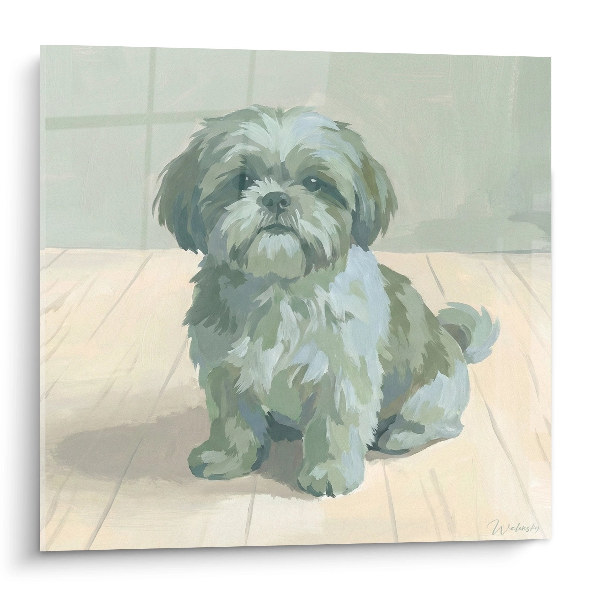 Quadro murale Shih Tzu nei toni pastello verde grigiastro seduto su piastrelle beige stile artistico moderno