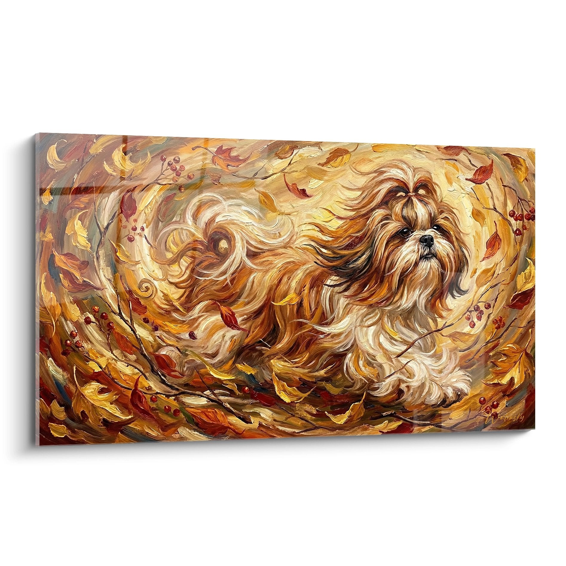 Tableau artistique Shih Tzu aux tons dorés dans tourbillon automnal expressionniste avec feuilles dansantes