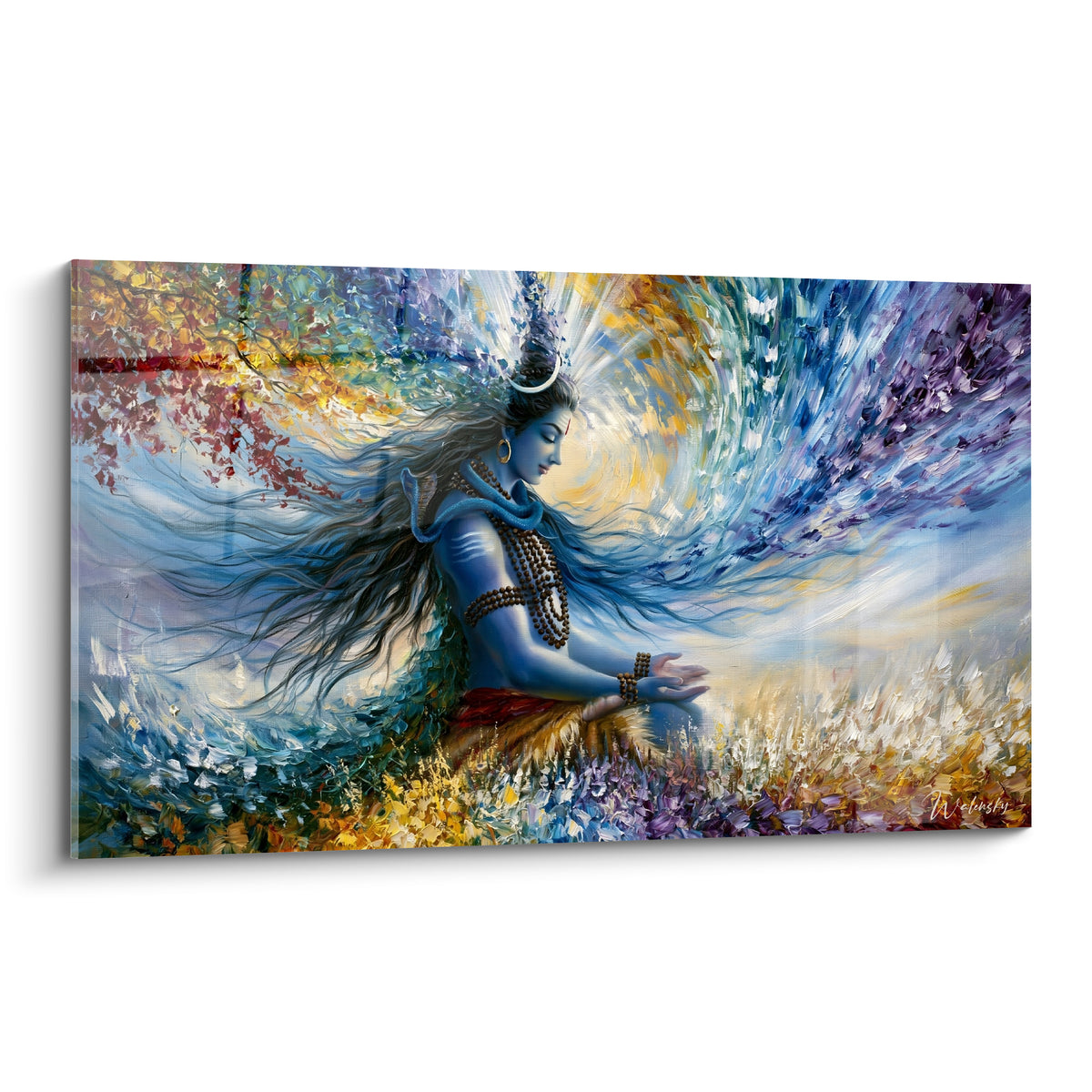 Shiva bleu ciel médite en tailleur devant un tourbillon ocre et violet aux touches empâtées.