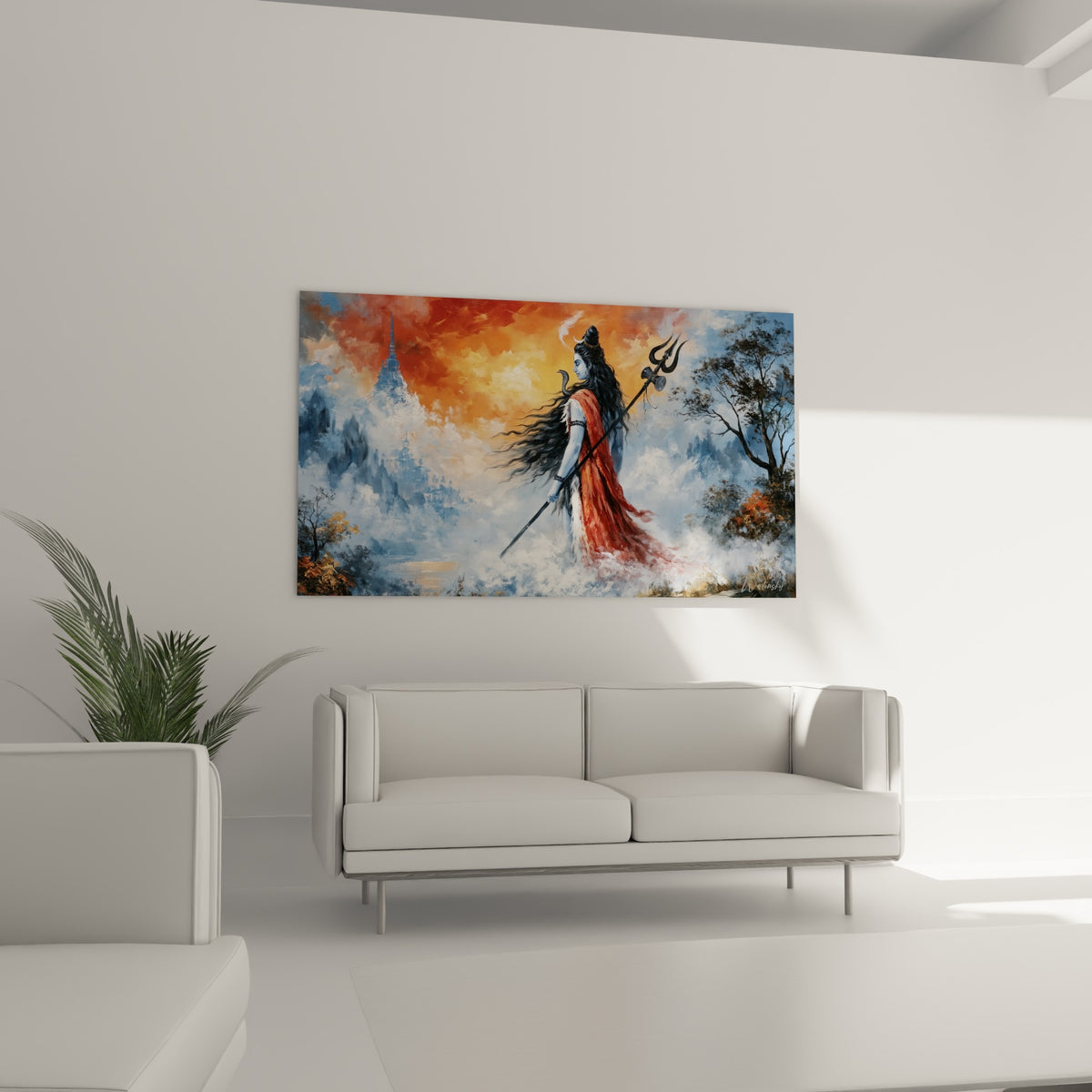 Silhouette de Shiva enveloppée de brume blanche et bleutée, accrochée au-dessus d'un canapé dans un salon lumineux
