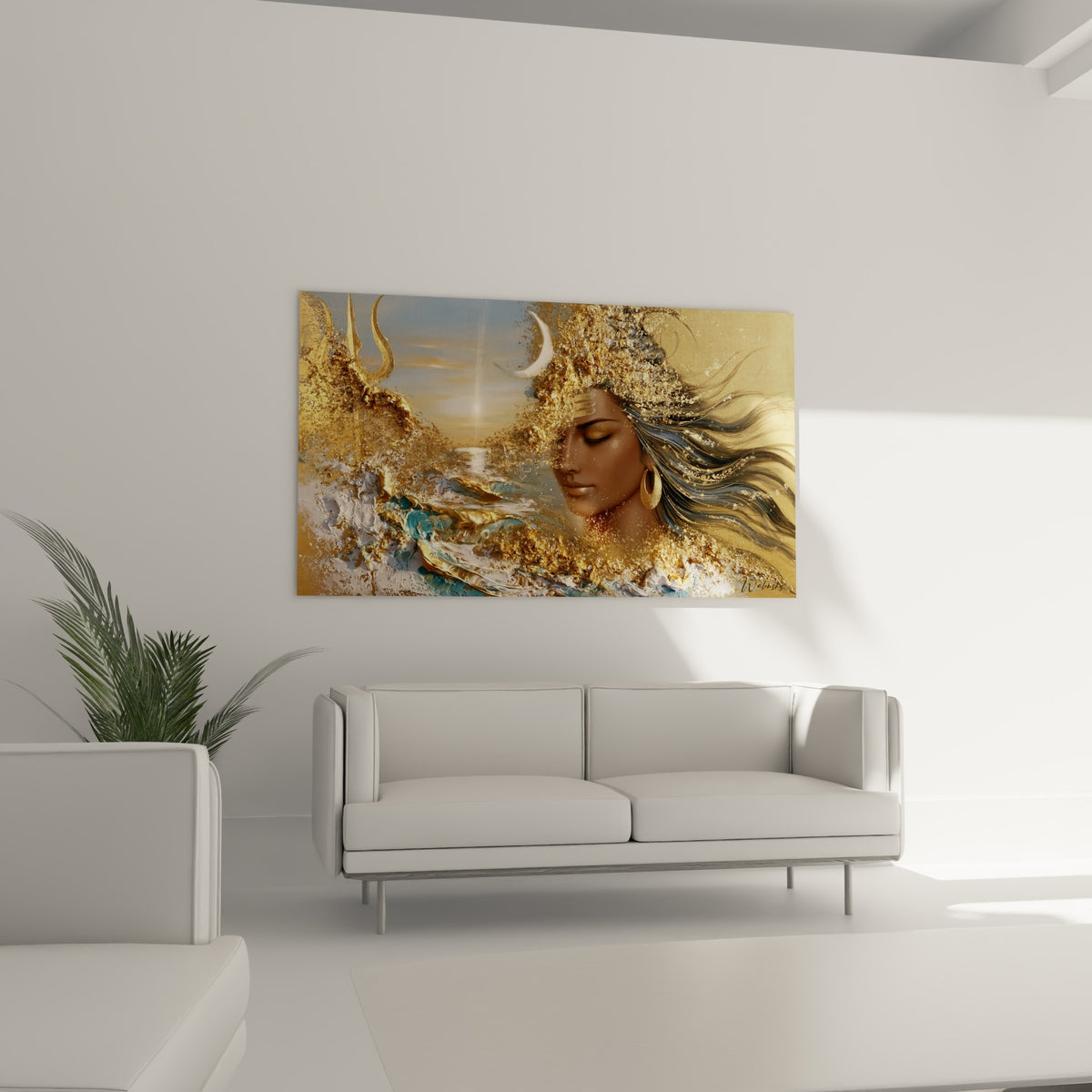 Visage méditatif de Shiva entouré d'écume dorée et turquoise, au-dessus d'un canapé dans un salon lumineux