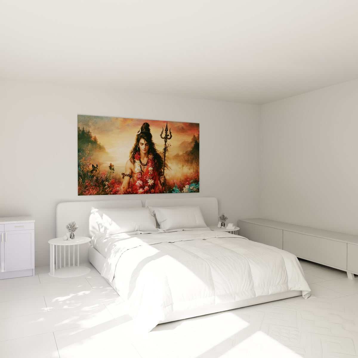Divinité en méditation entourée de fleurs rouge et turquoise, au-dessus d'un lit dans une chambre claire