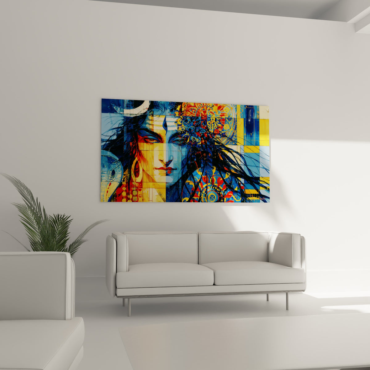 Shiva au regard serein, tons bleu et ocre, au-dessus d'un canapé dans un salon lumineux