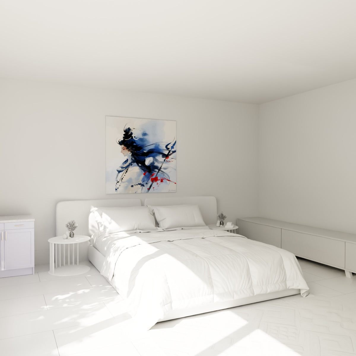 Divinité Shiva bleu marine et blanc cassé, geste méditatif, au-dessus d'un lit dans une chambre claire