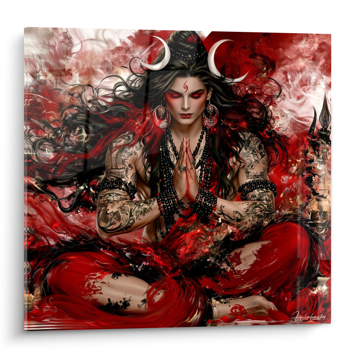 Shiva médite en tailleur, mains jointes, entouré de rouge écarlate et de fumées noires intenses