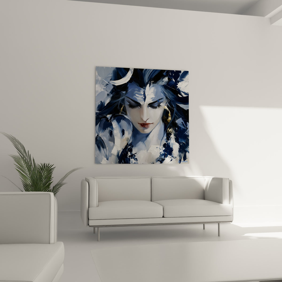 Visage recueilli de Shiva en camaïeu anthracite et blanc, au-dessus d'un canapé dans un salon lumineux