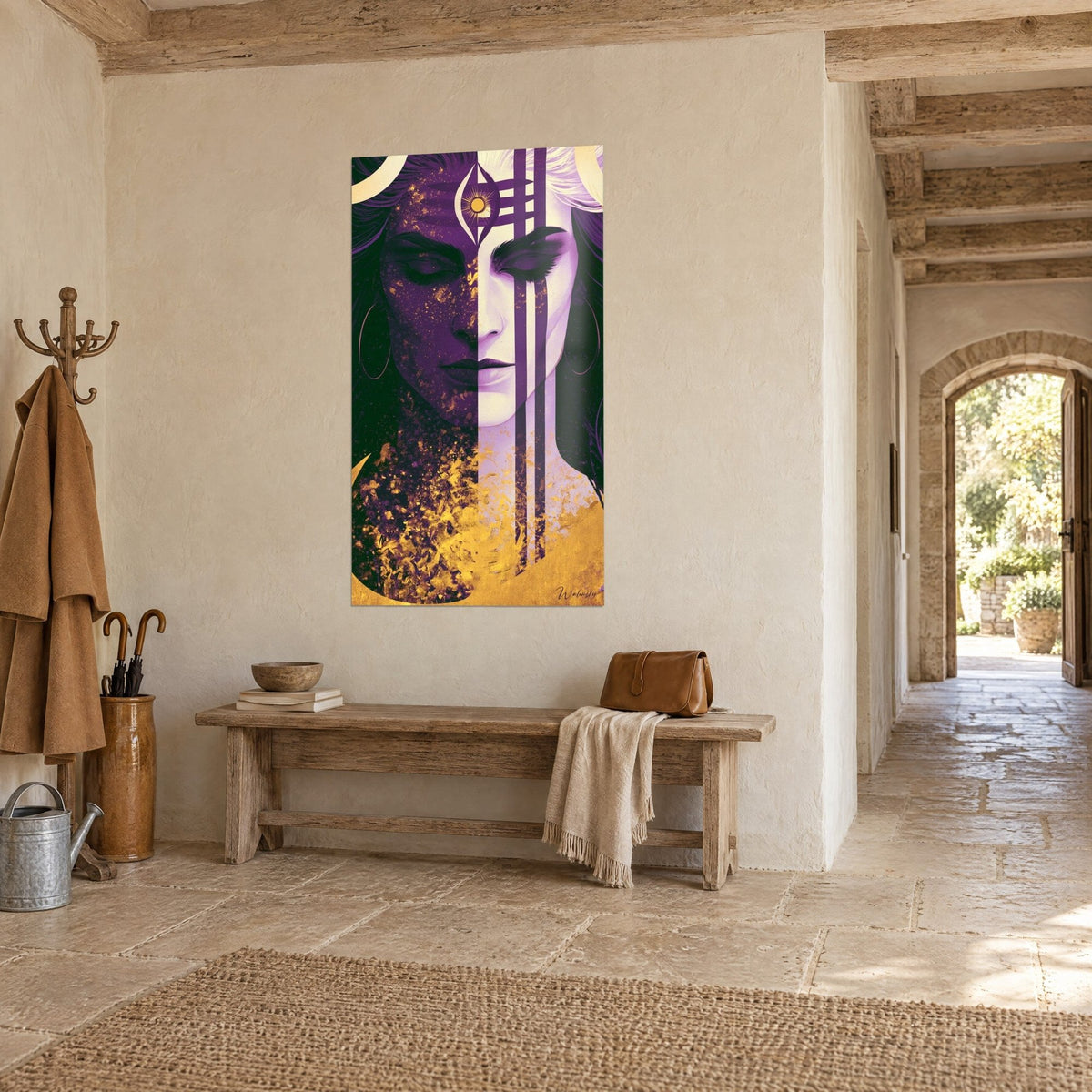 Wall art Shiva portrait with closed eyelids, vertical plum stripes on pale skin, gold dust, in a light stone hallway